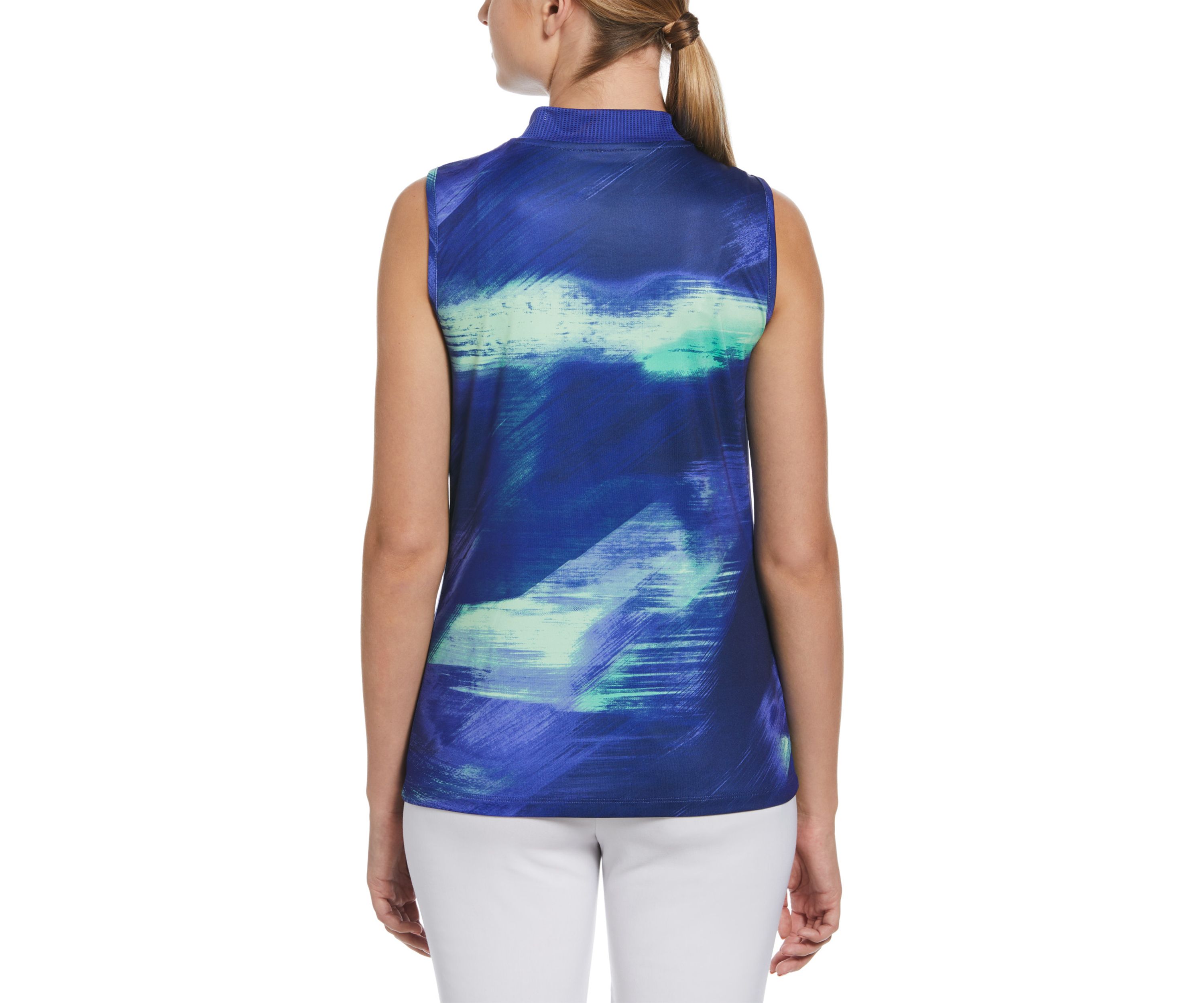 Womens Brushed Abstract Print Sleeveless Golf Shirt with Asymmetrical Blocking