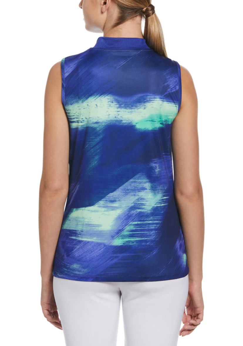 Womens Brushed Abstract Print Sleeveless Golf Shirt with Asymmetrical Blocking