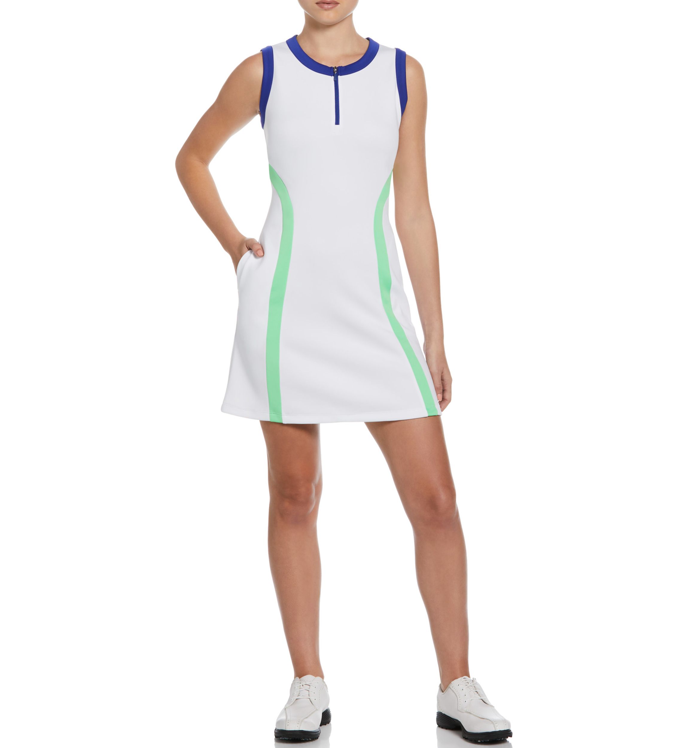 Womens Color Block Sleeveless Flounce Golf Dress