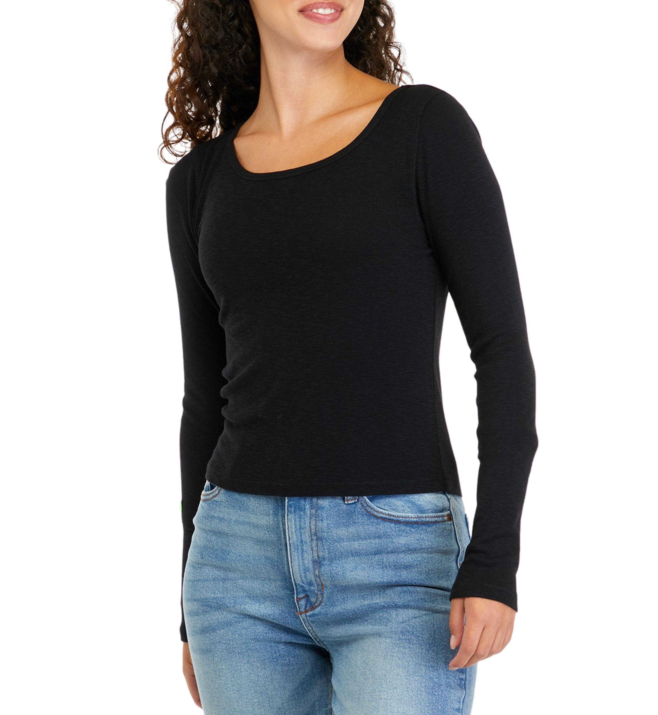 Juniors Long Sleeve Ribbed Scoop Neck T-Shirt