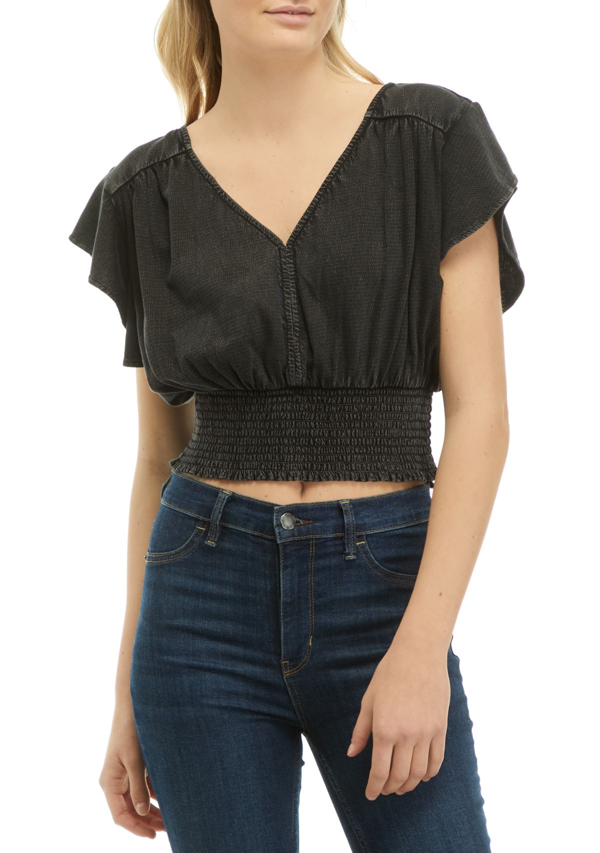 Solid Smocked Flutter Sleeve Top