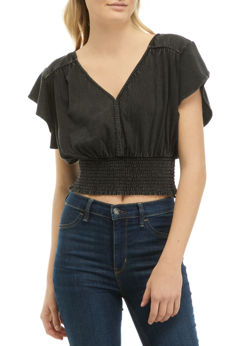 Solid Smocked Flutter Sleeve Top