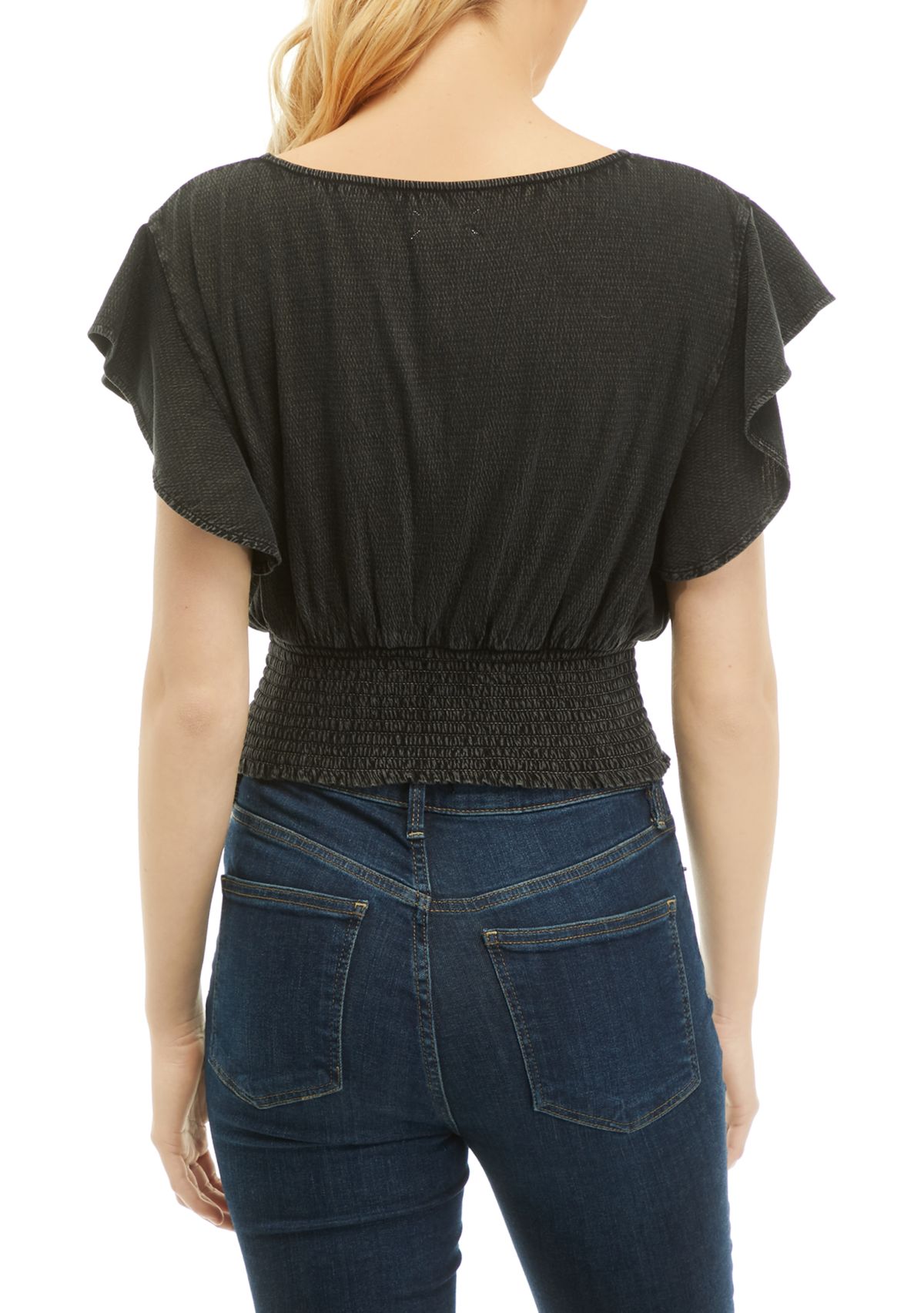 Solid Smocked Flutter Sleeve Top