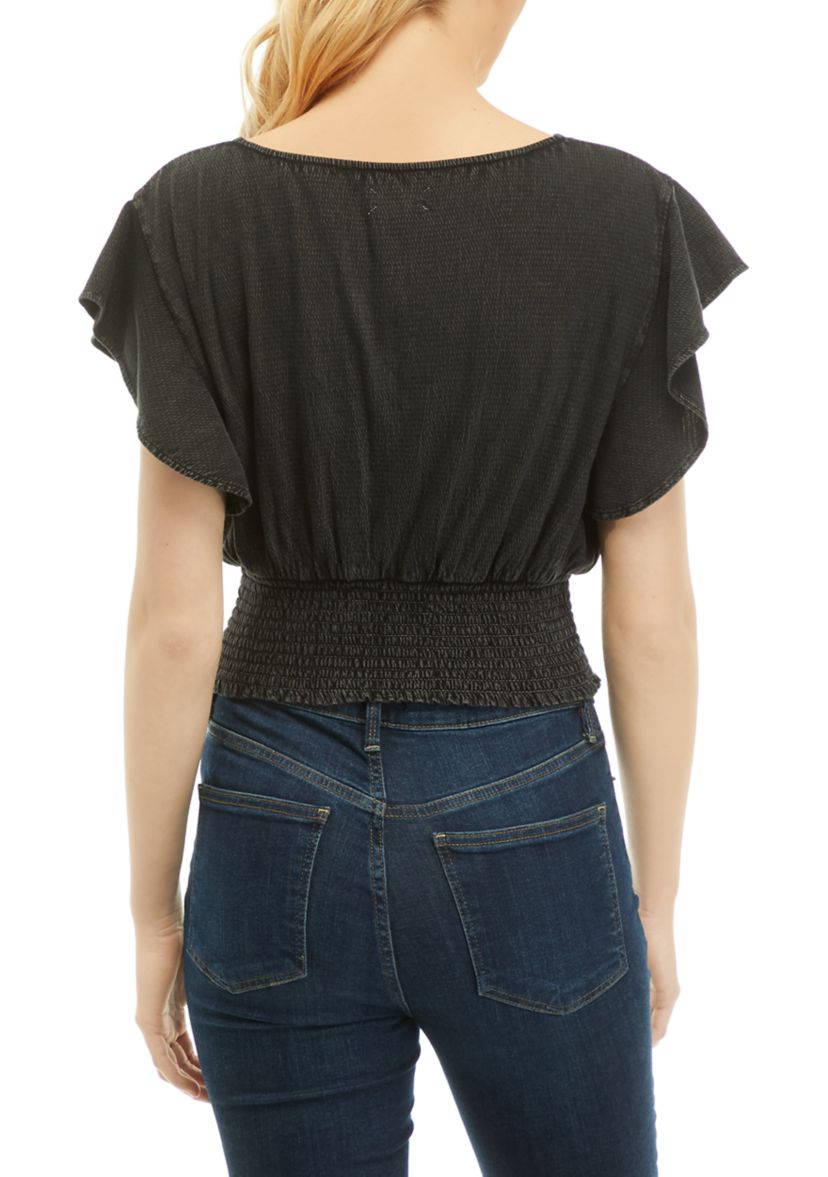 Solid Smocked Flutter Sleeve Top