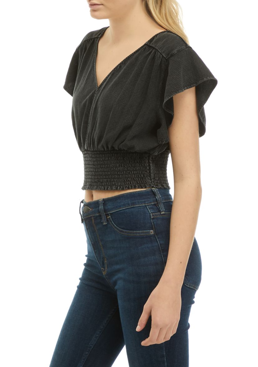 Solid Smocked Flutter Sleeve Top