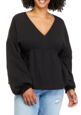 TRUE CRAFT Women's Plus Size V-Neck Peasant Top, Black, 1X