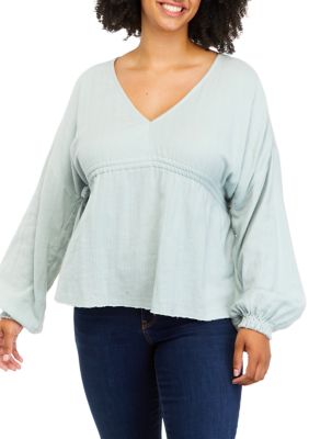 TRUE CRAFT Women's Plus Size V-Neck Peasant Top, Teal, 0X