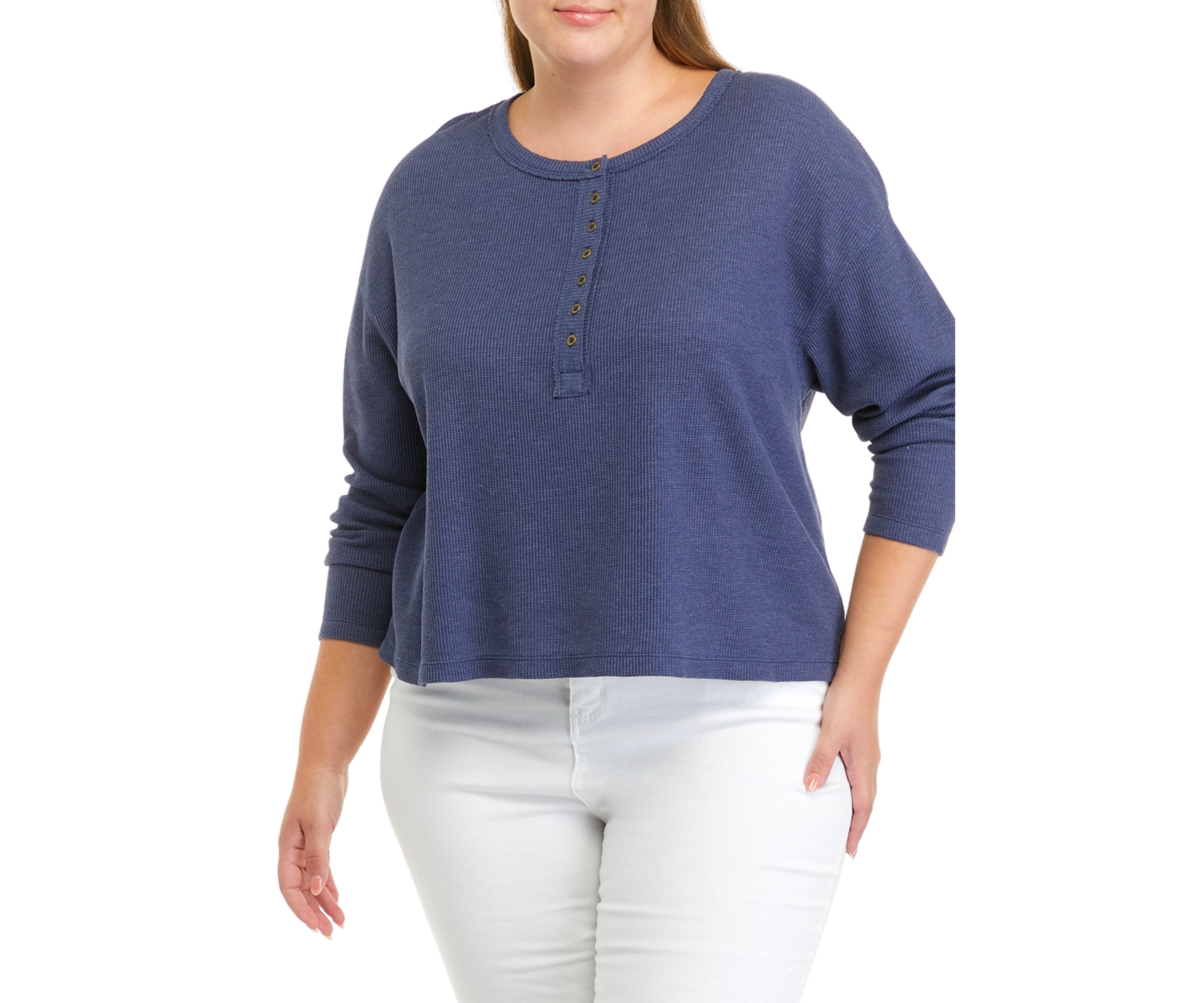 Plus Size Long Sleeve Cropped Easy Henley Shirt