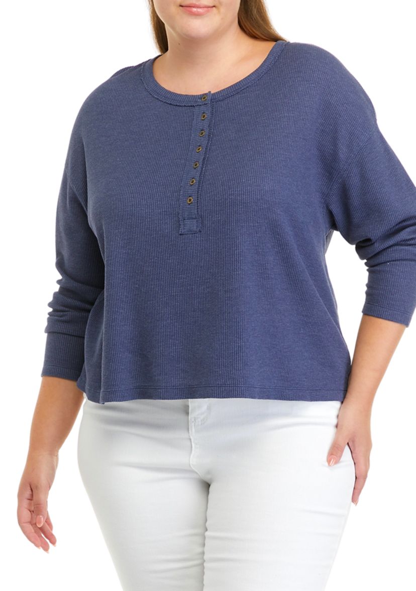 Plus Size Long Sleeve Cropped Easy Henley Shirt