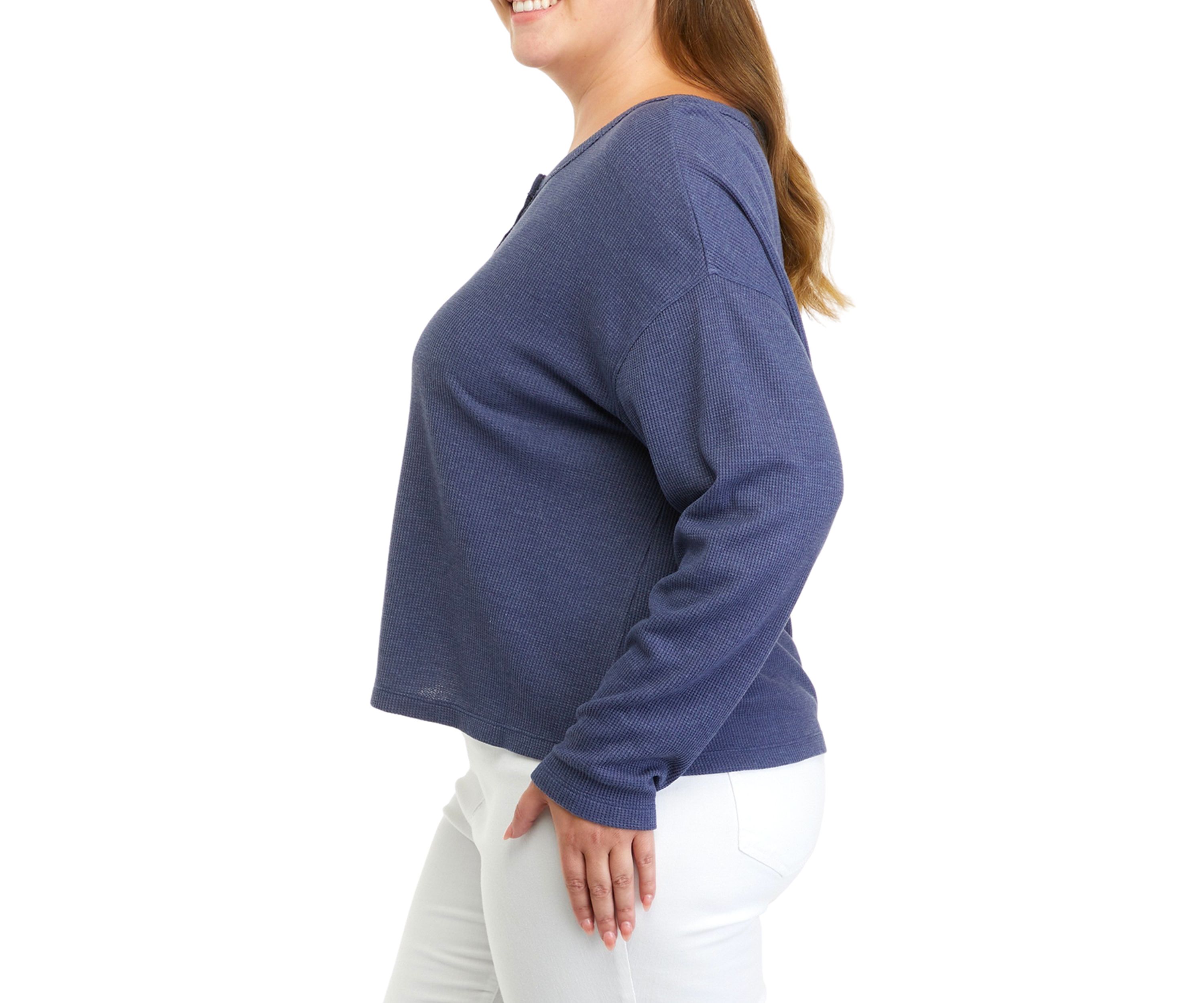 Plus Size Long Sleeve Cropped Easy Henley Shirt
