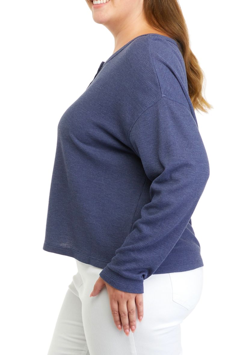 Plus Size Long Sleeve Cropped Easy Henley Shirt