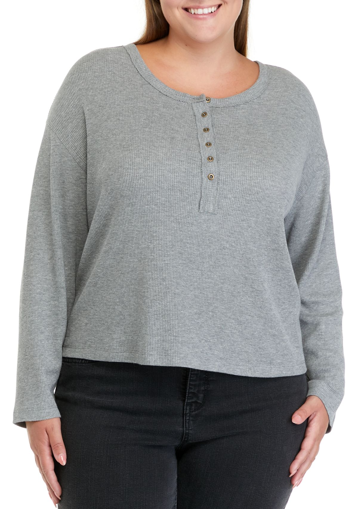 Plus Size Long Sleeve Cropped Easy Henley Shirt