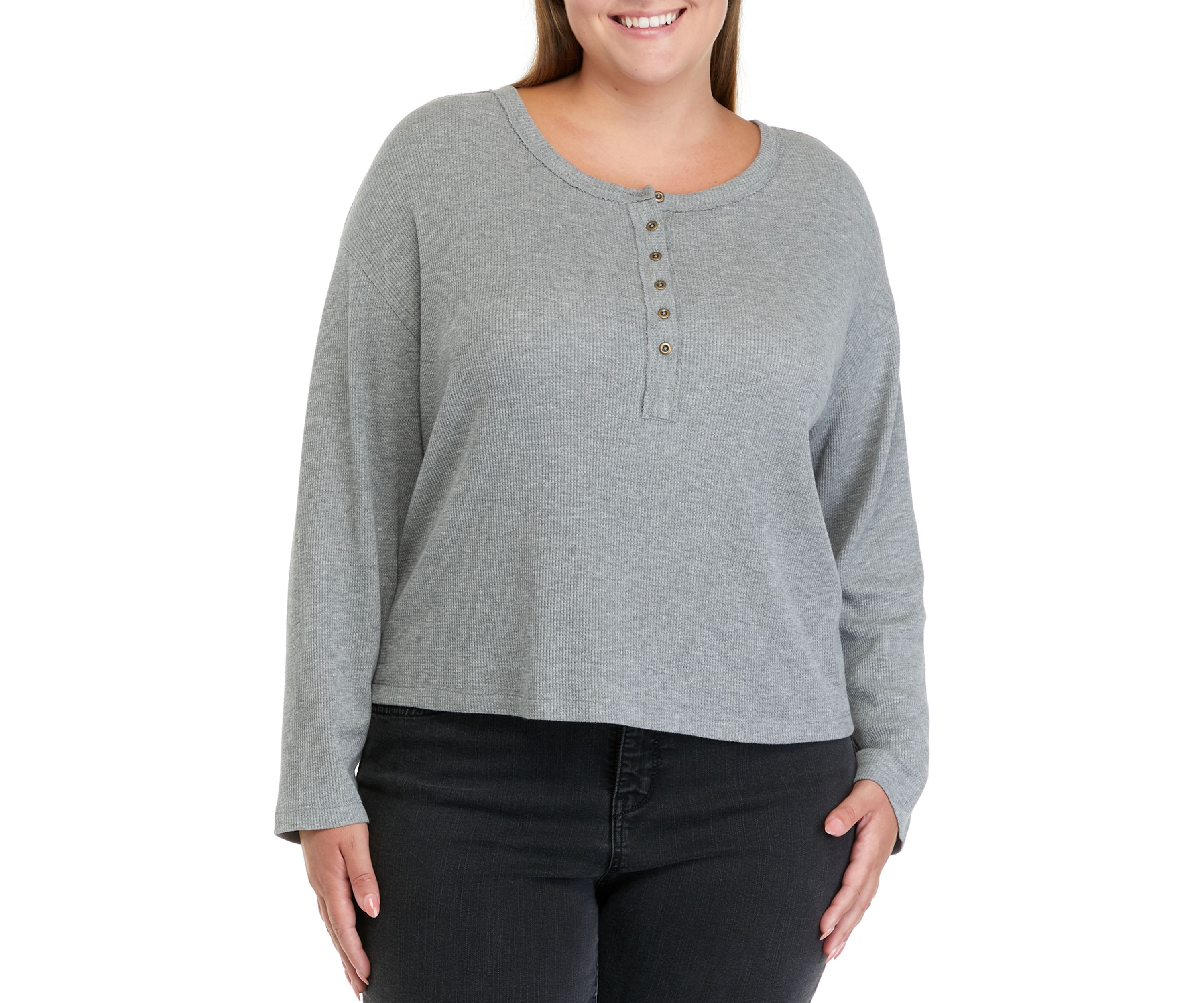 Plus Size Long Sleeve Cropped Easy Henley Shirt