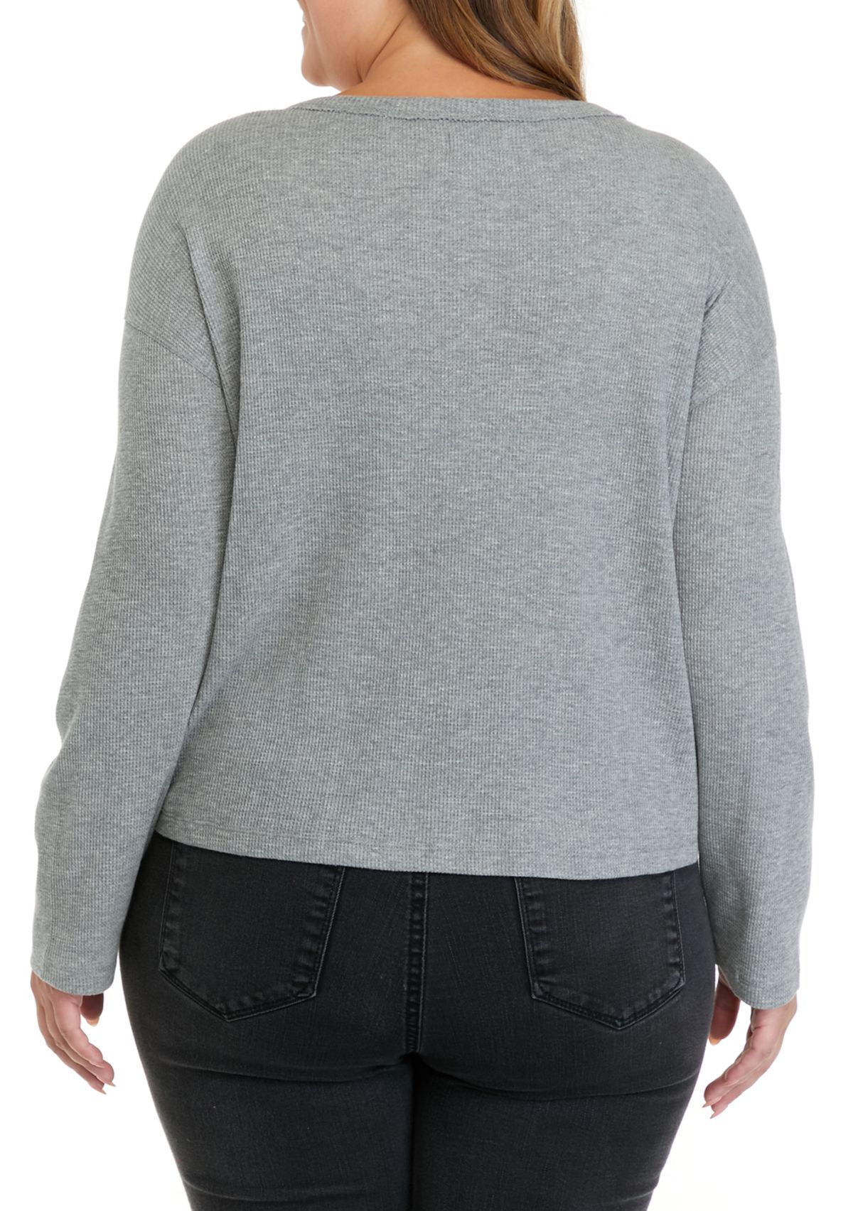 Plus Size Long Sleeve Cropped Easy Henley Shirt
