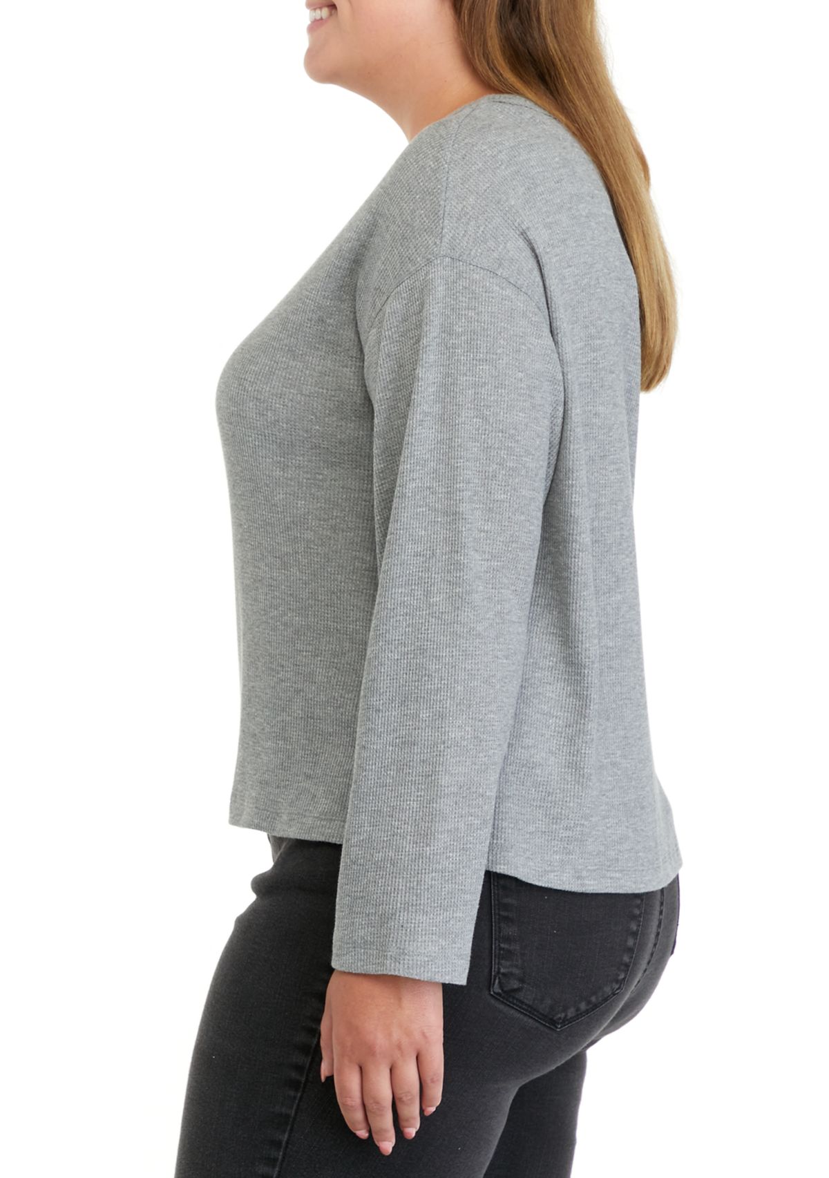 Plus Size Long Sleeve Cropped Easy Henley Shirt