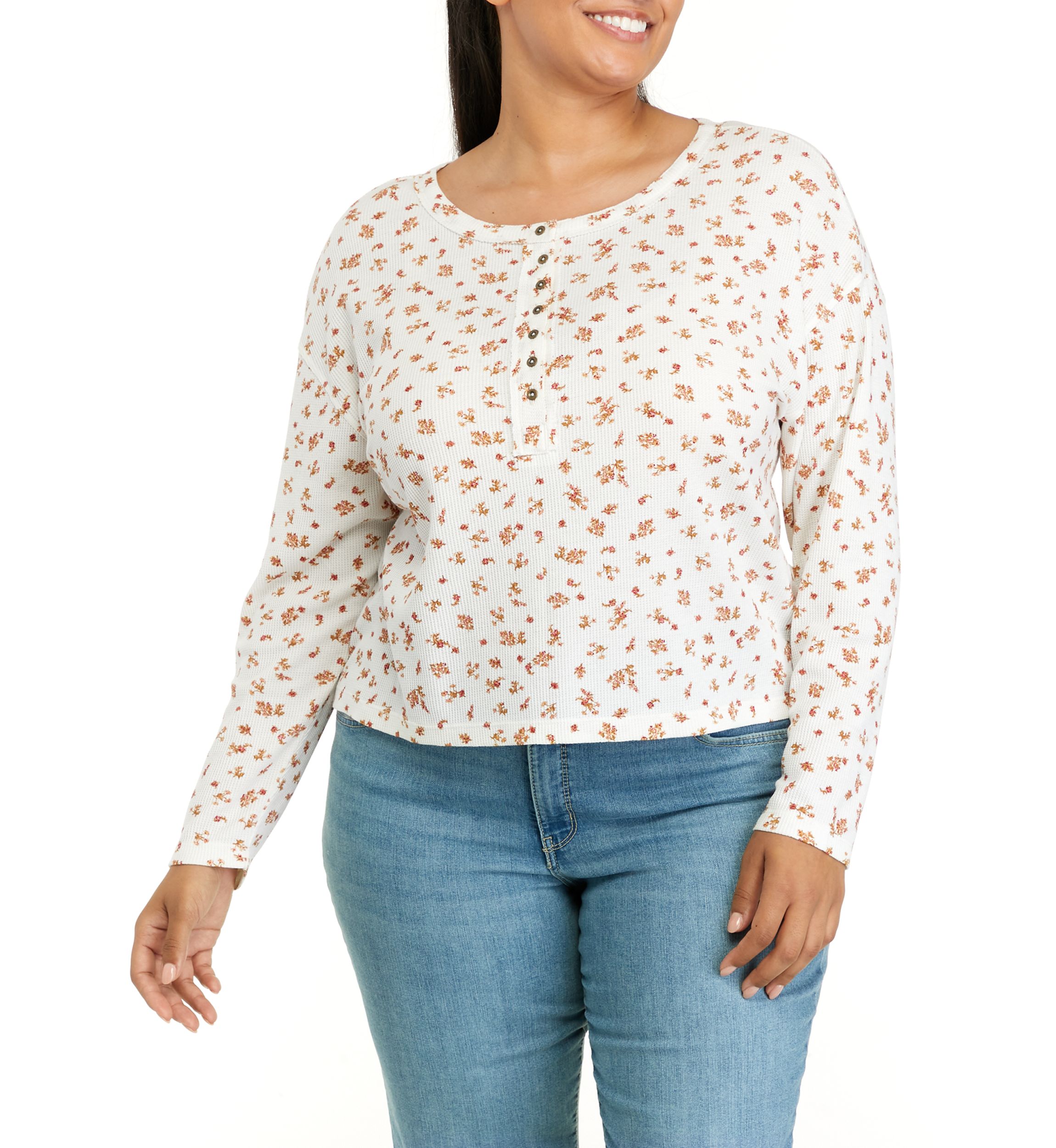 Plus Size Long Sleeve Cropped Easy Henley Shirt