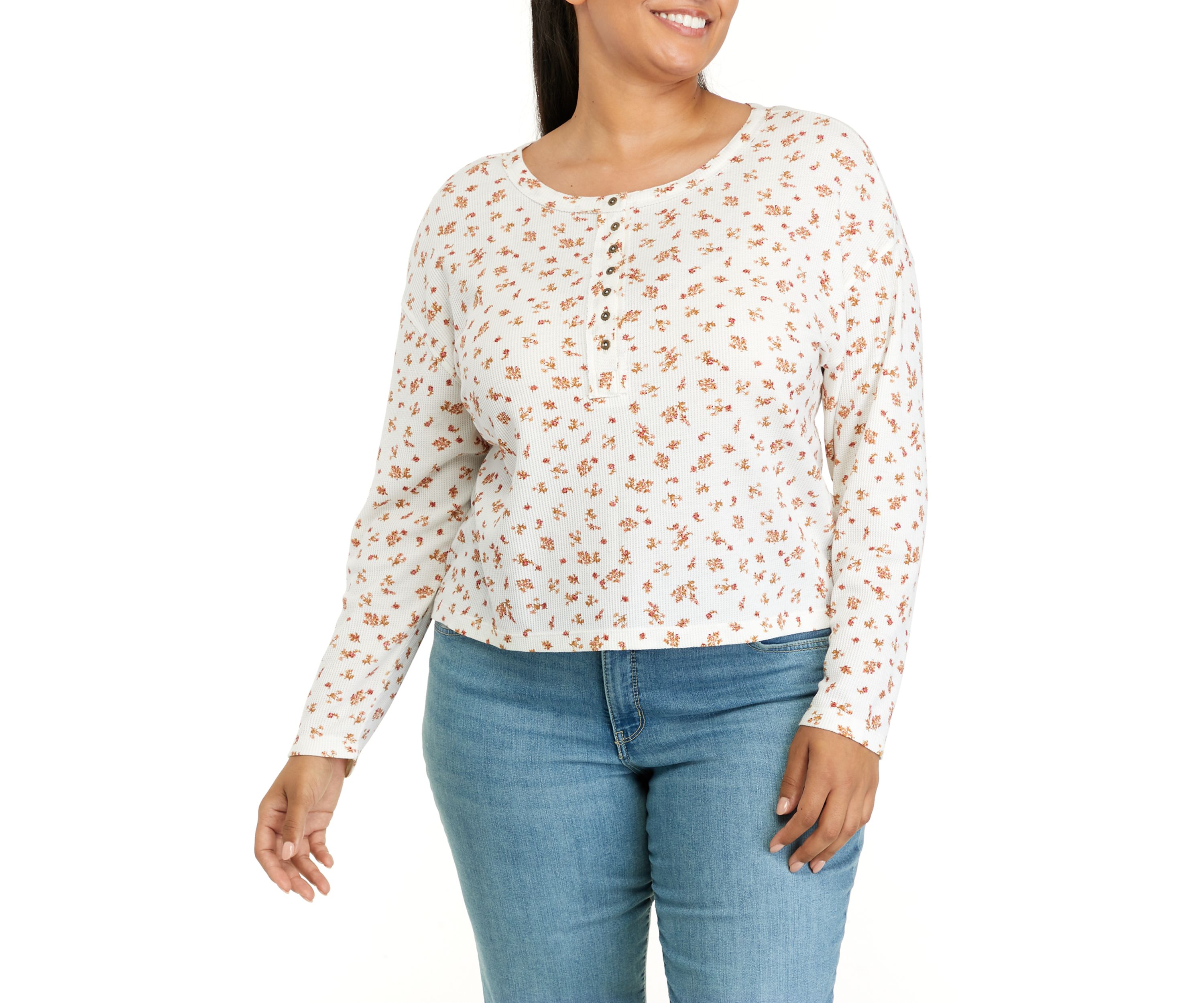 Plus Size Long Sleeve Cropped Easy Henley Shirt