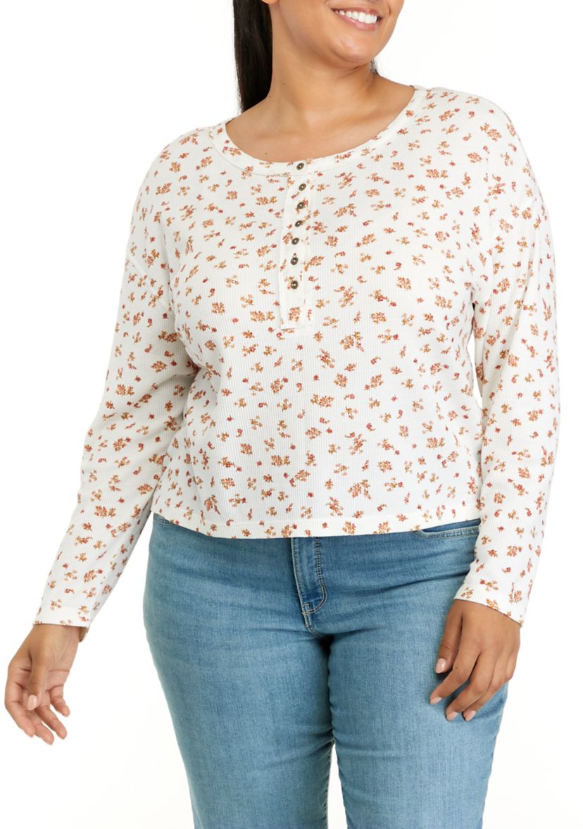 Plus Size Long Sleeve Cropped Easy Henley Shirt