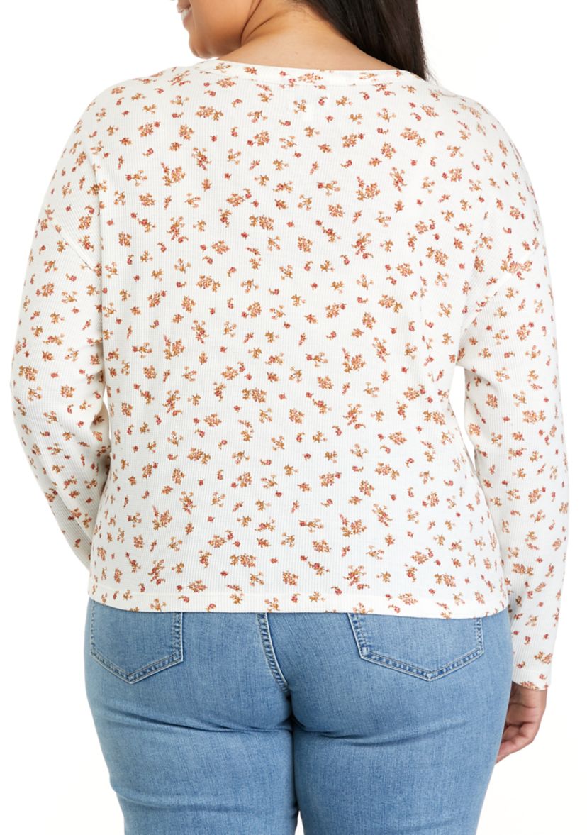 Plus Size Long Sleeve Cropped Easy Henley Shirt
