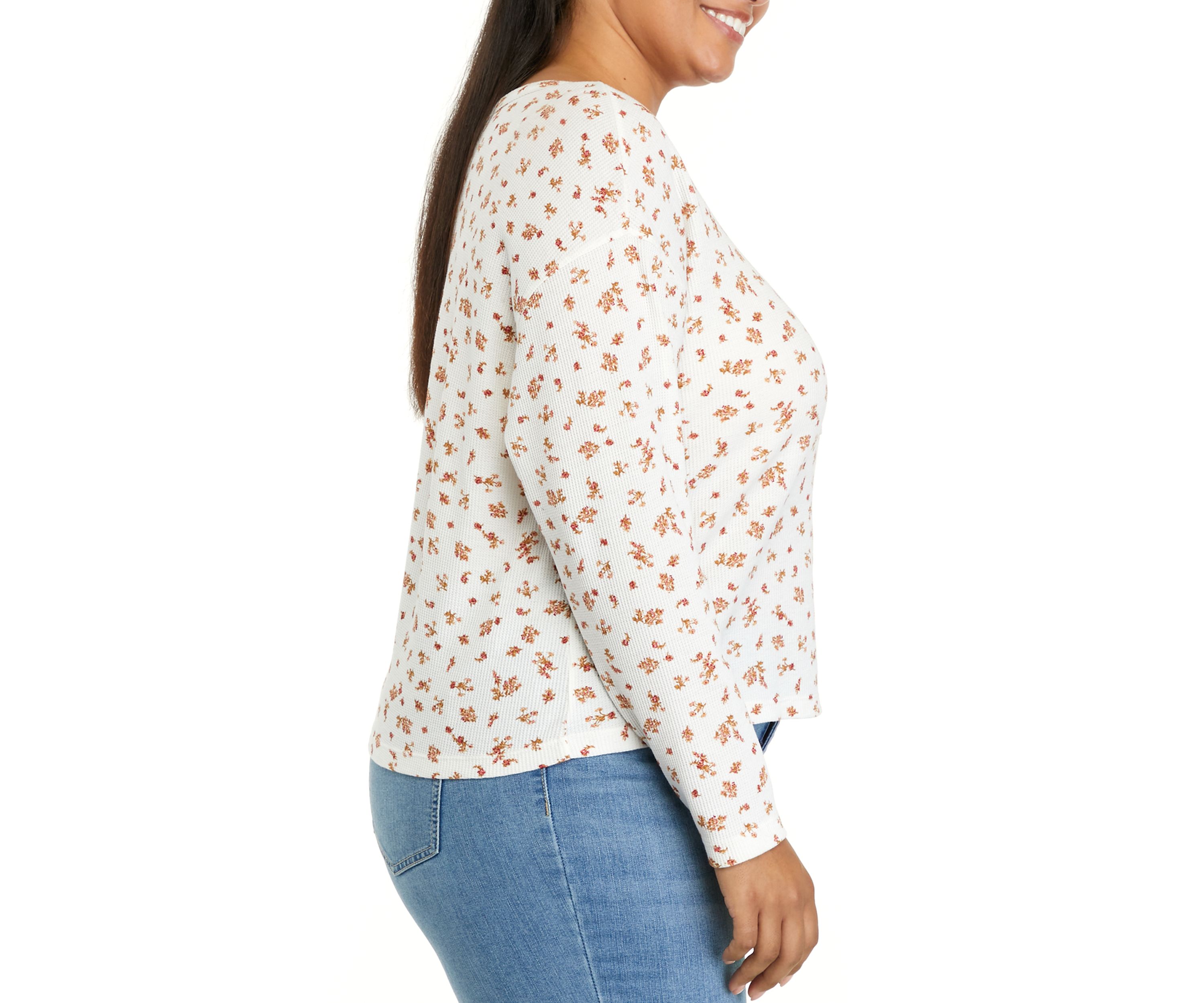 Plus Size Long Sleeve Cropped Easy Henley Shirt