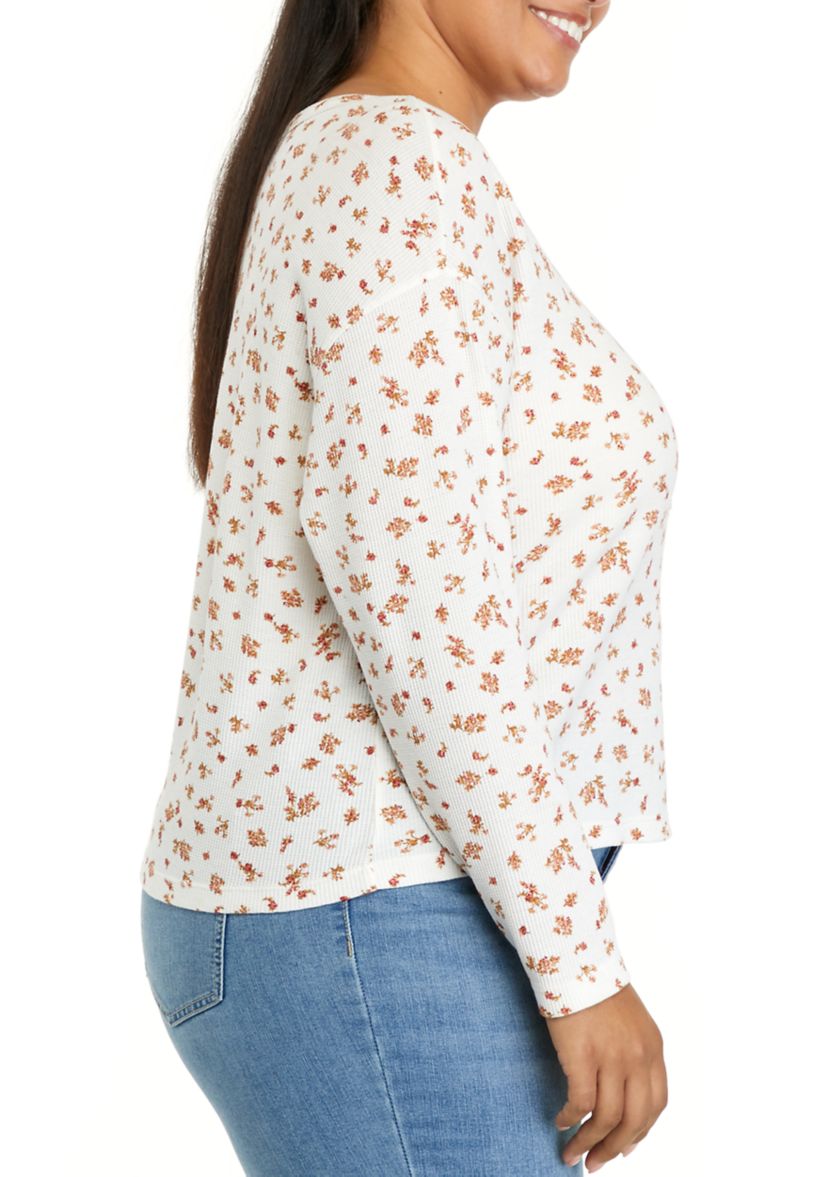 Plus Size Long Sleeve Cropped Easy Henley Shirt