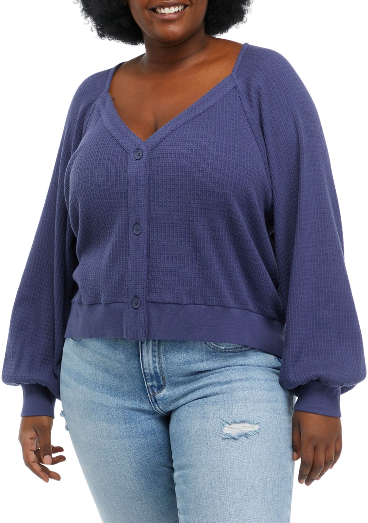 Plus Size Long Sleeve Button Front Waffle Top