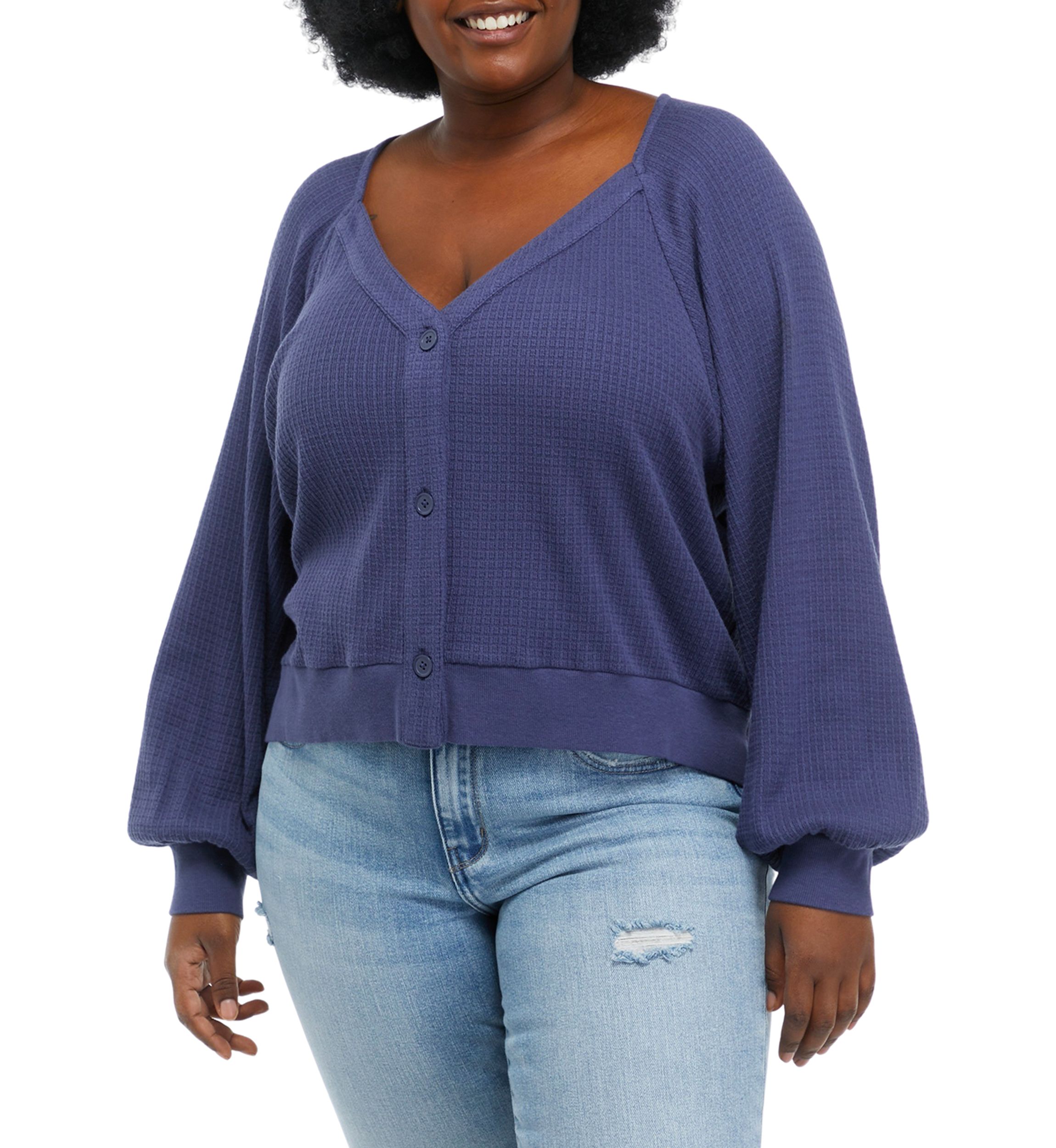 Plus Size Long Sleeve Button Front Waffle Top