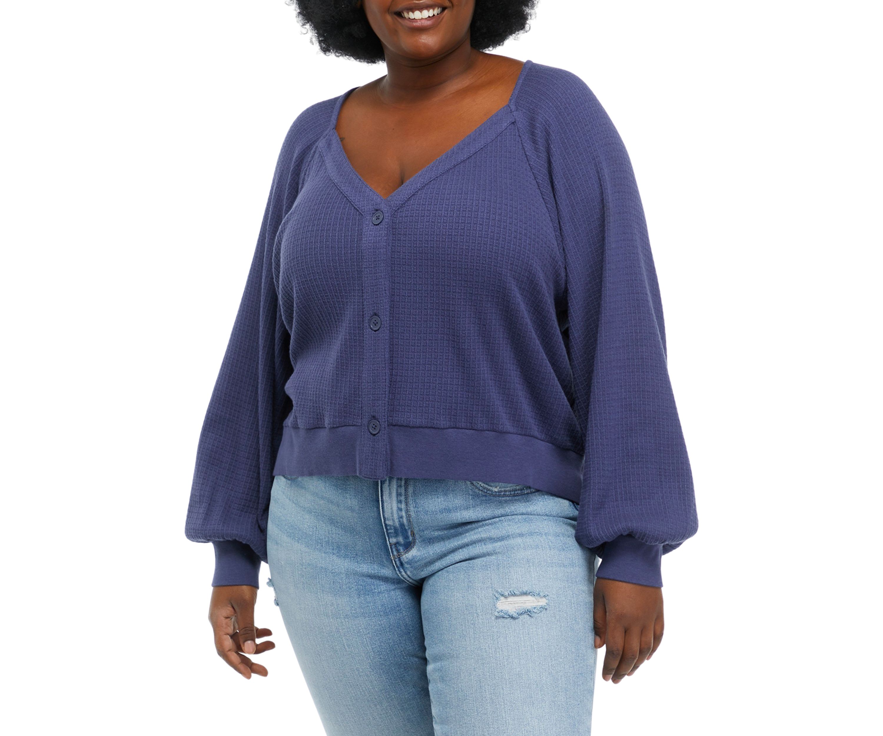 Plus Size Long Sleeve Button Front Waffle Top