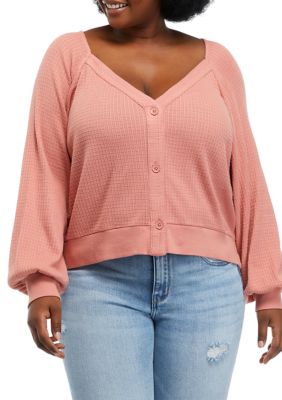 TRUE CRAFT Women's Plus Size Long Sleeve Button Front Waffle Top, 3X