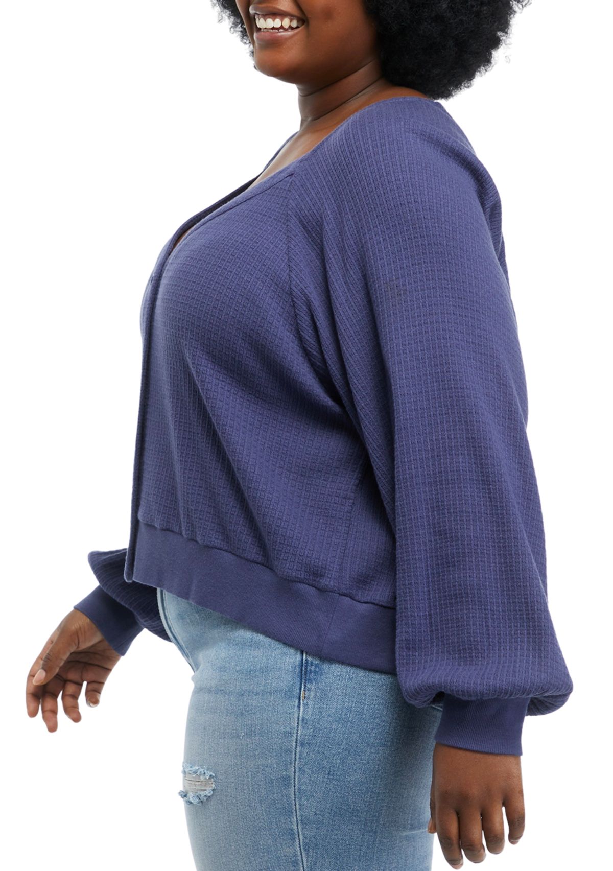 Plus Size Long Sleeve Button Front Waffle Top