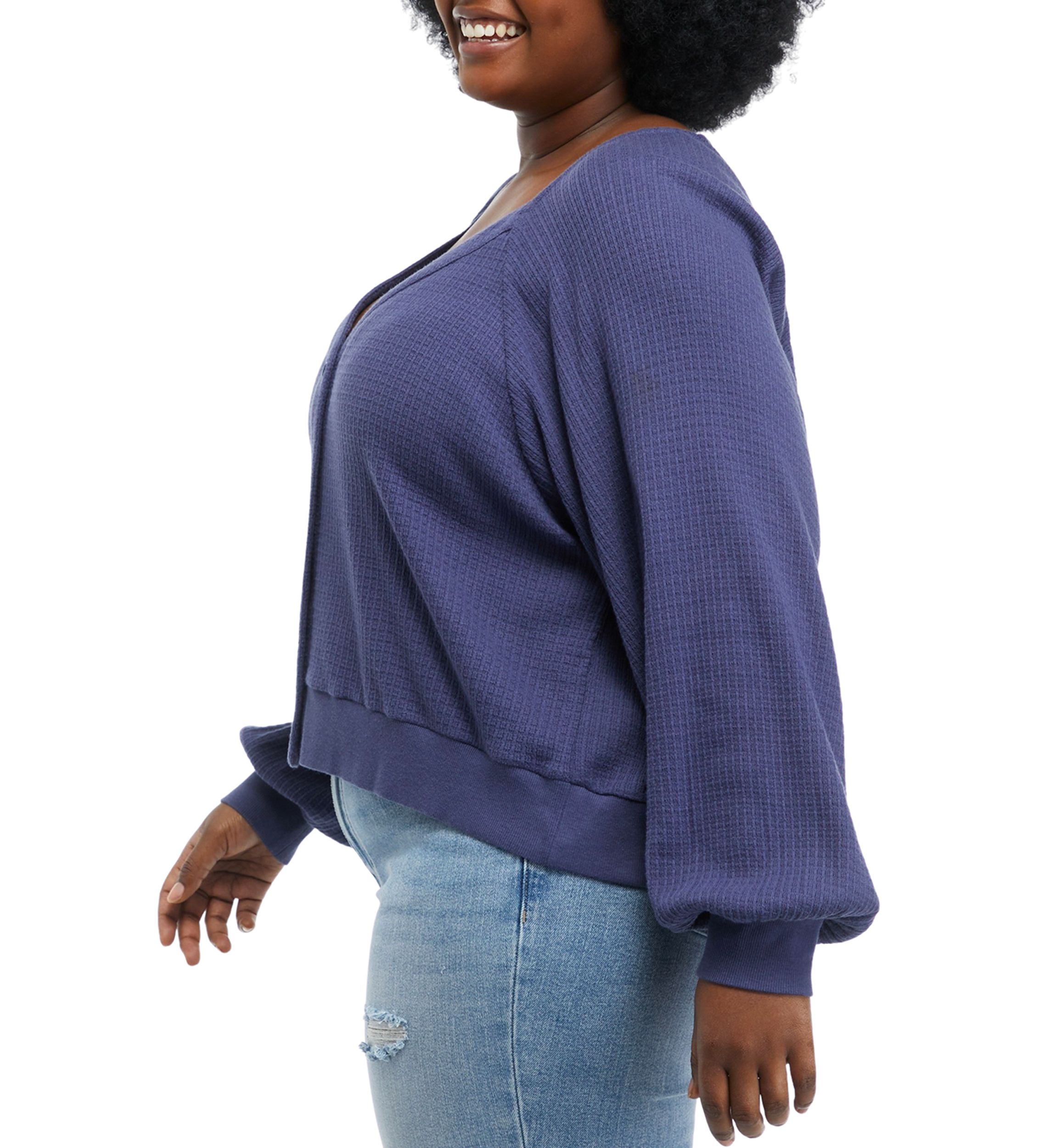Plus Size Long Sleeve Button Front Waffle Top