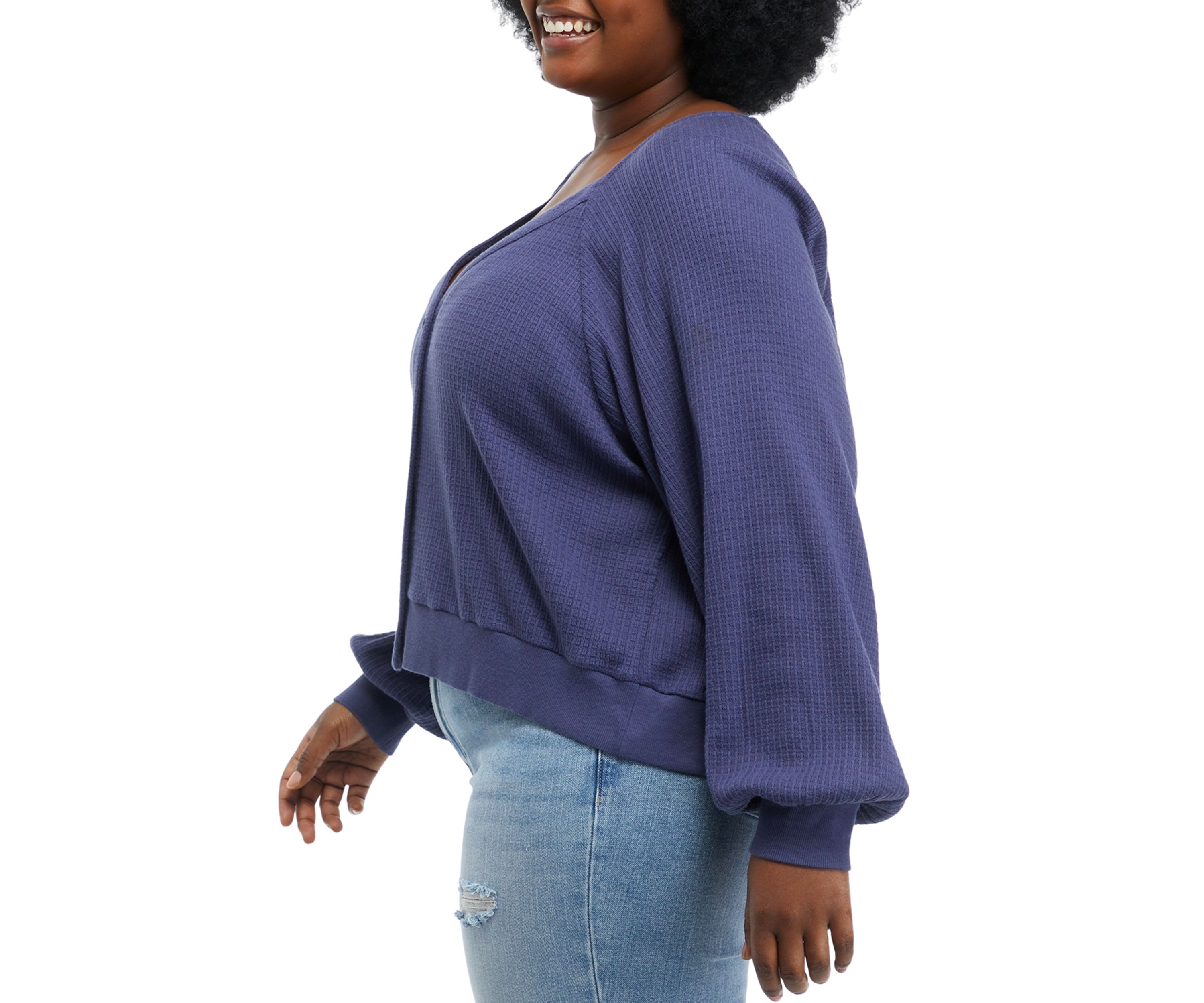 Plus Size Long Sleeve Button Front Waffle Top