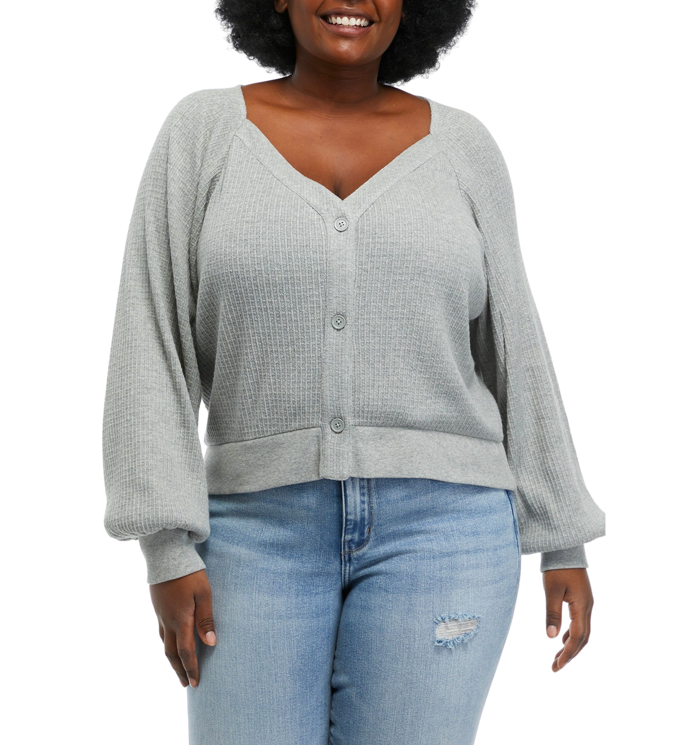 Plus Size Long Sleeve Button Front Waffle Top