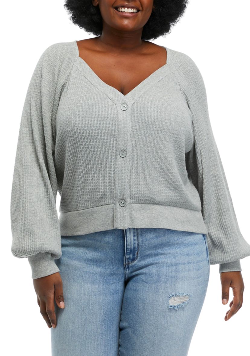 Plus Size Long Sleeve Button Front Waffle Top