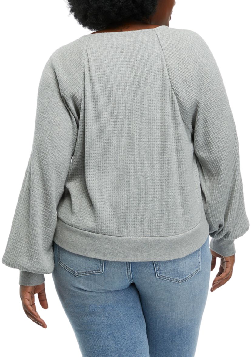 Plus Size Long Sleeve Button Front Waffle Top