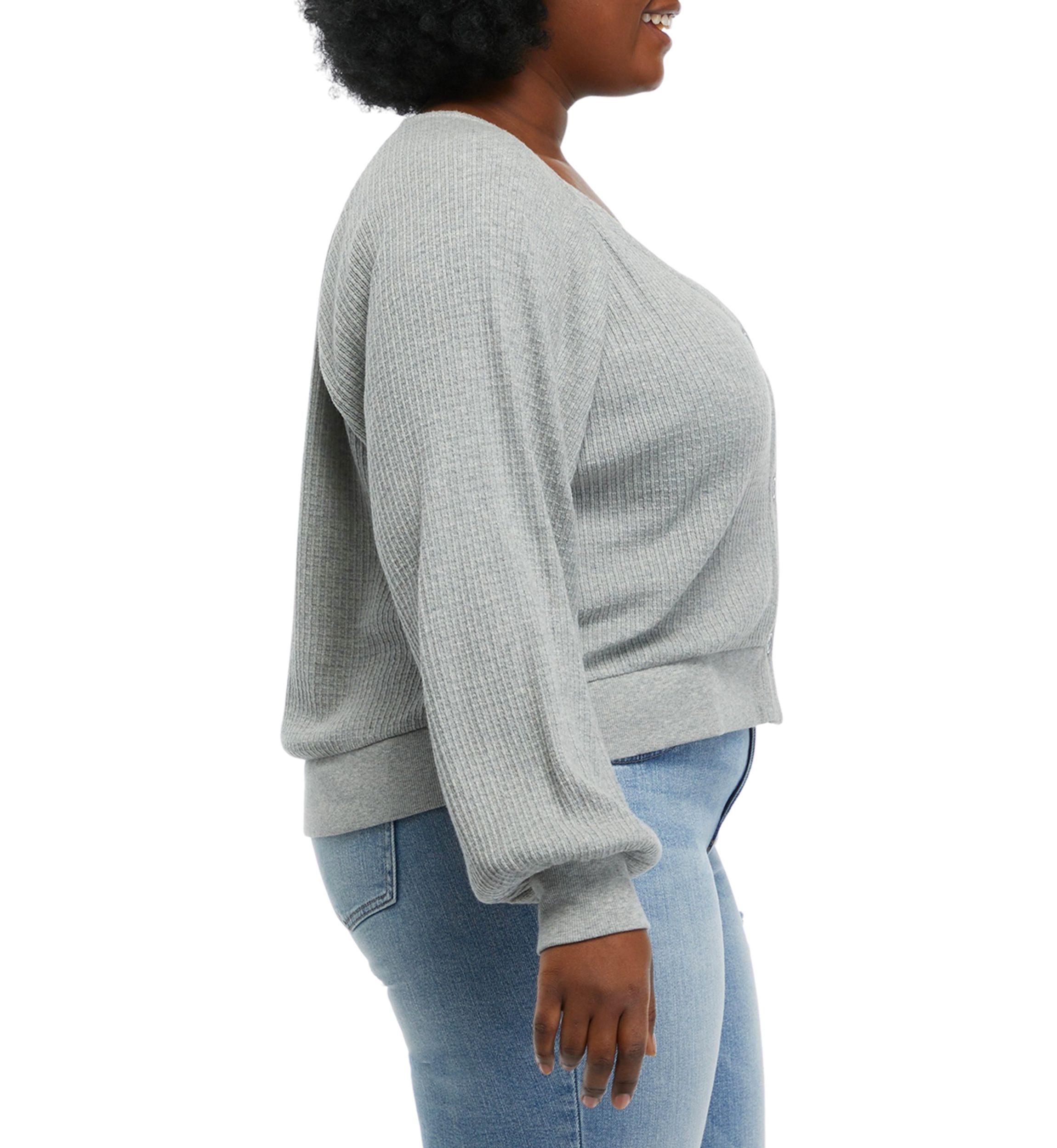 Plus Size Long Sleeve Button Front Waffle Top