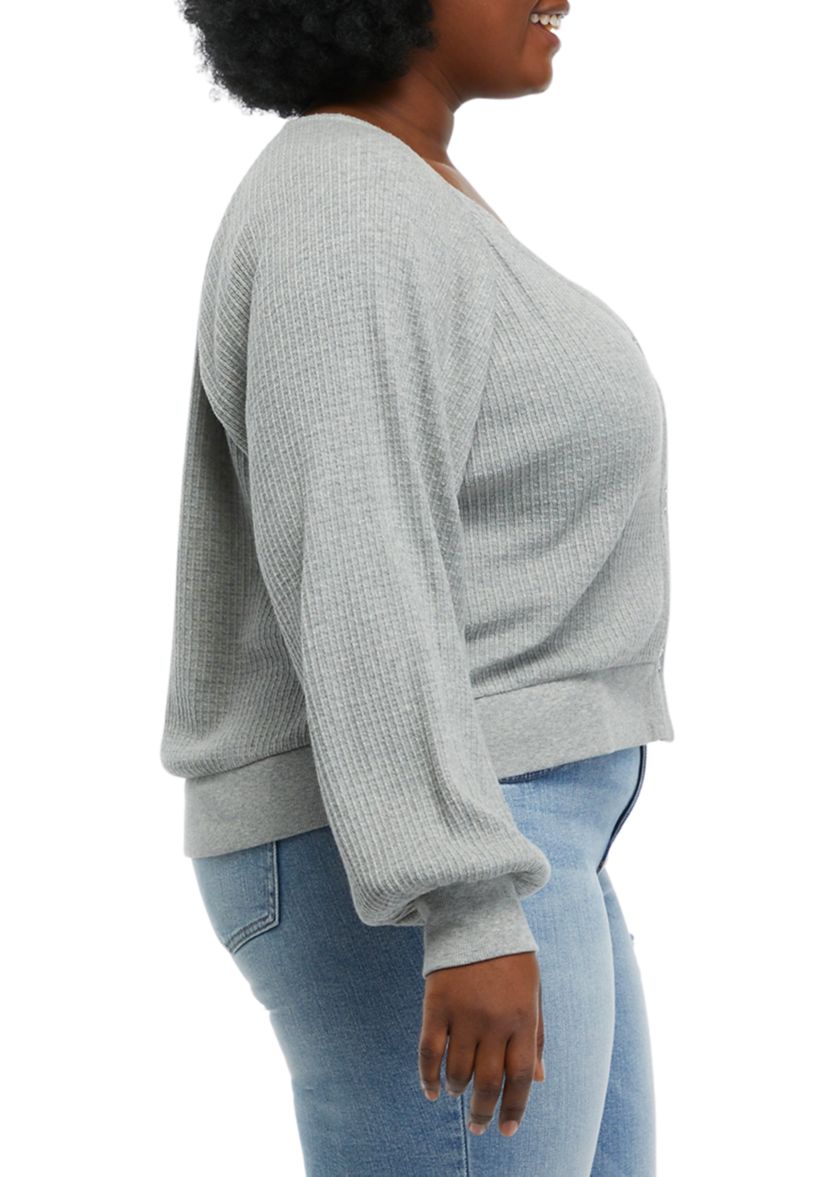 Plus Size Long Sleeve Button Front Waffle Top