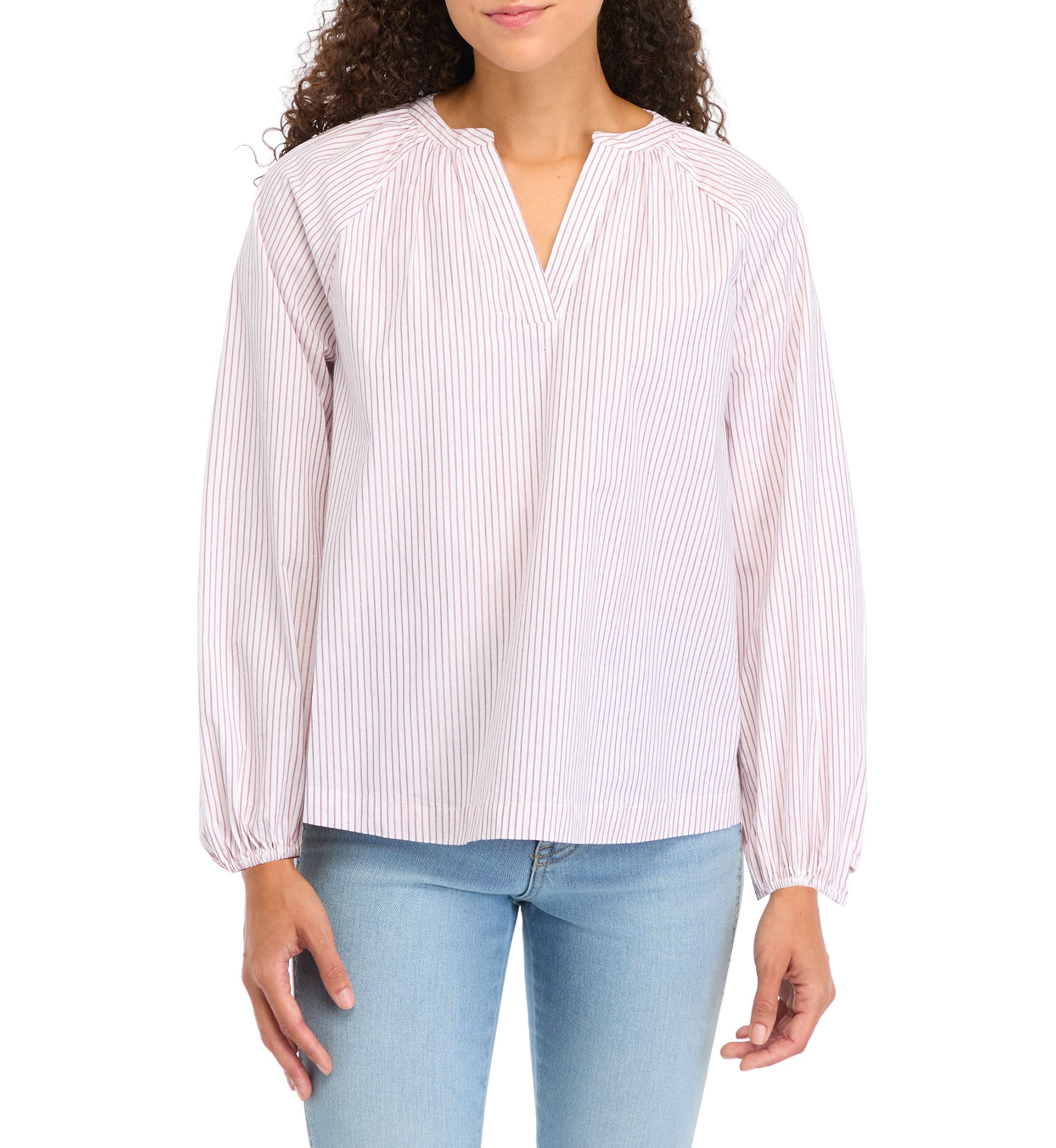 Petite Long Sleeve Split Neck Lurex Yarn Dyed Peasant Top