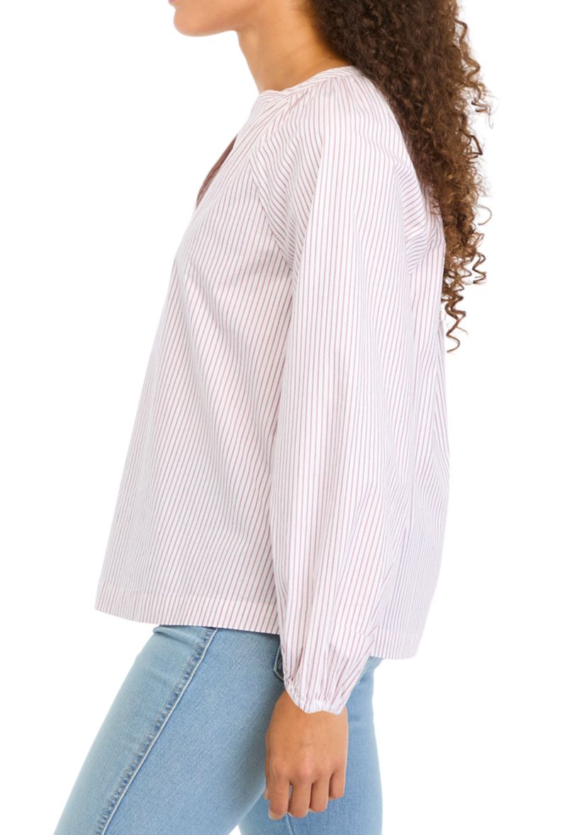 Petite Long Sleeve Split Neck Lurex Yarn Dyed Peasant Top