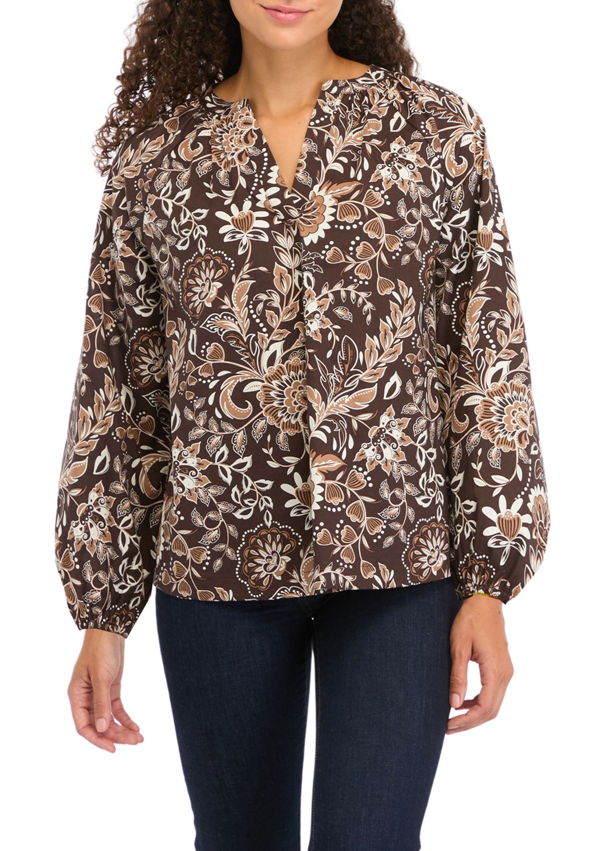 Petite Long Sleeve Split Neck Printed Peasant Top