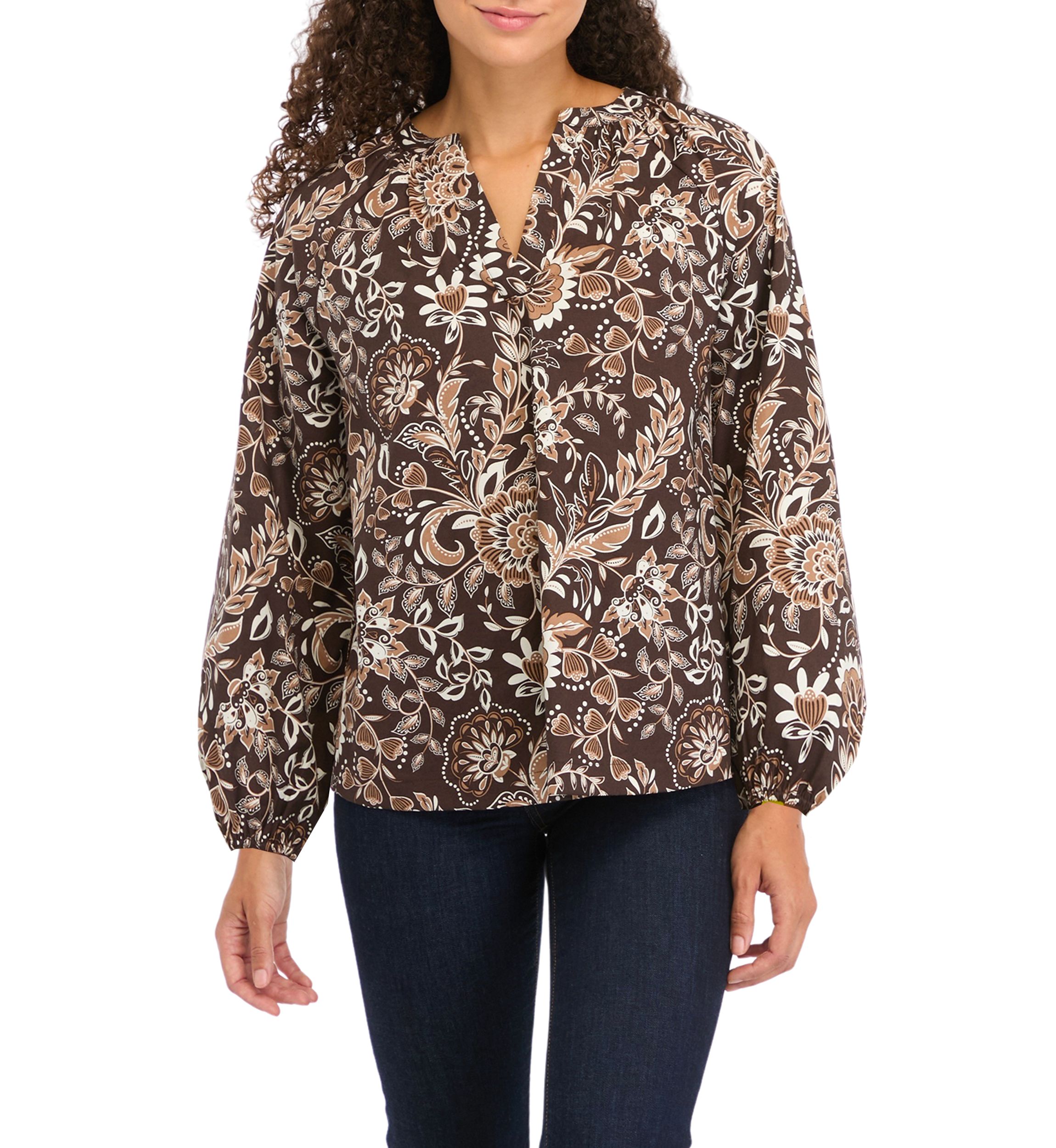 Petite Long Sleeve Split Neck Printed Peasant Top