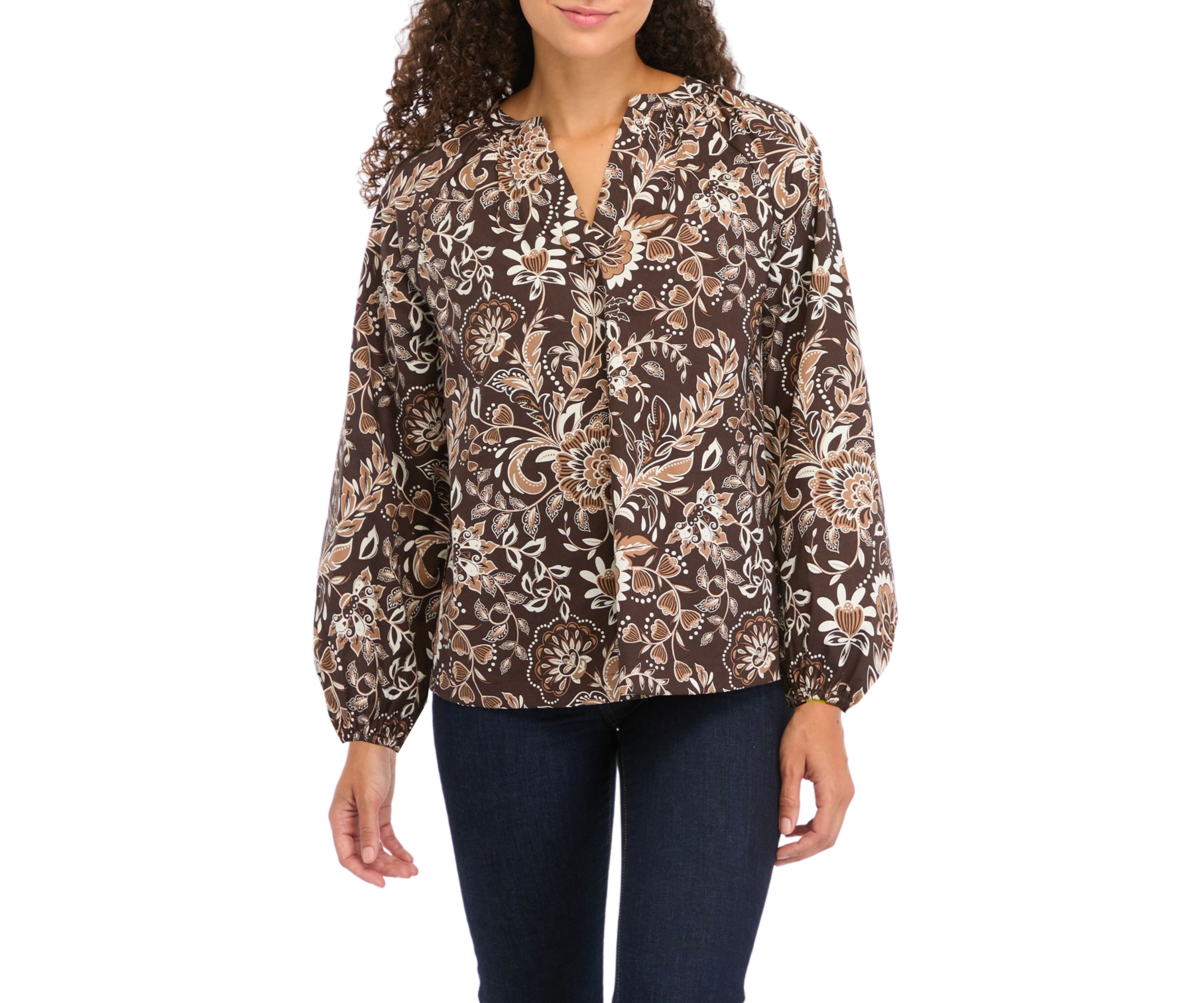 Petite Long Sleeve Split Neck Printed Peasant Top