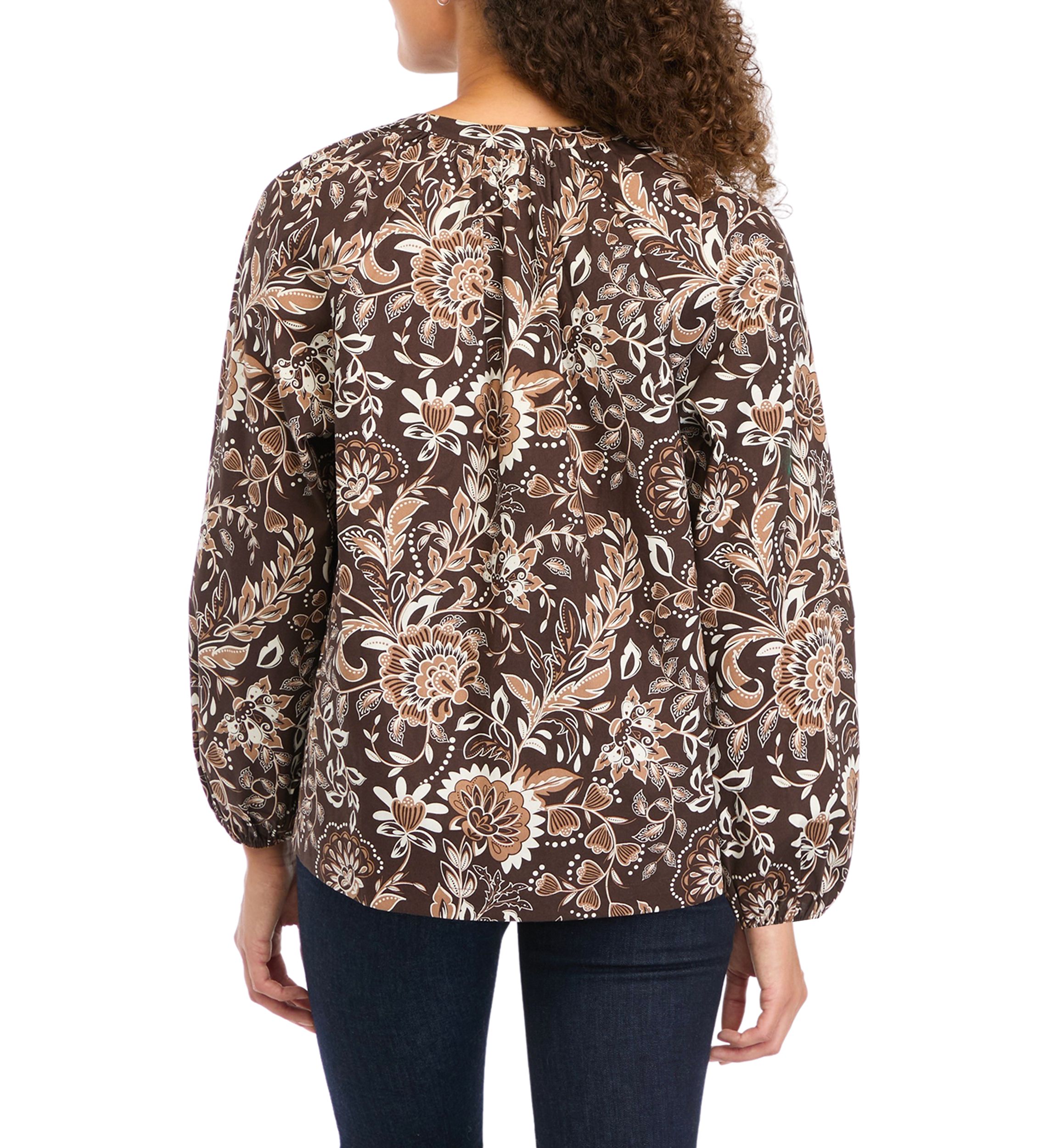 Petite Long Sleeve Split Neck Printed Peasant Top