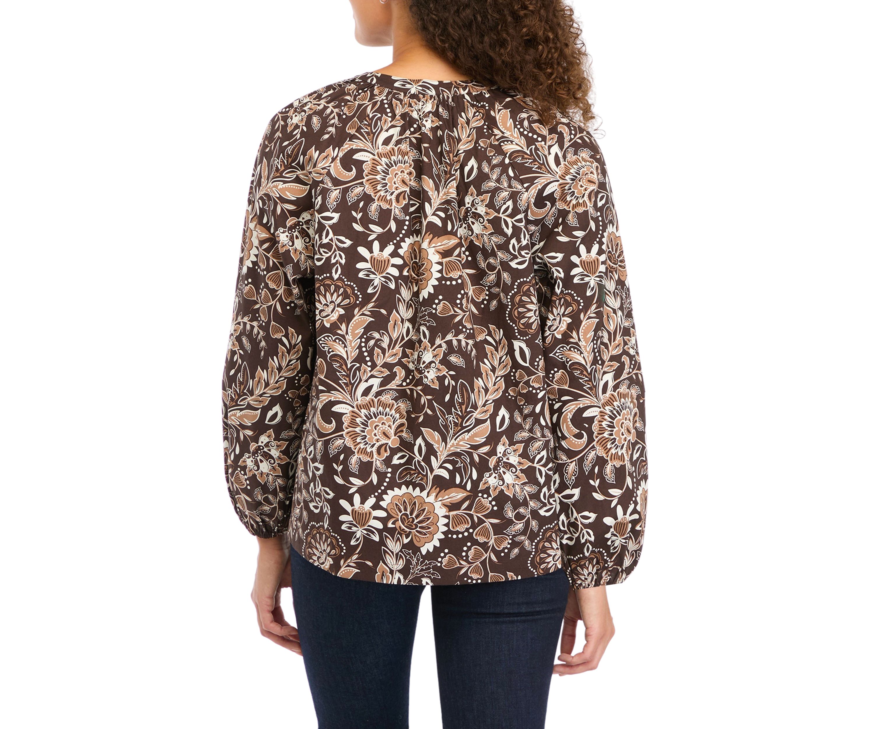 Petite Long Sleeve Split Neck Printed Peasant Top