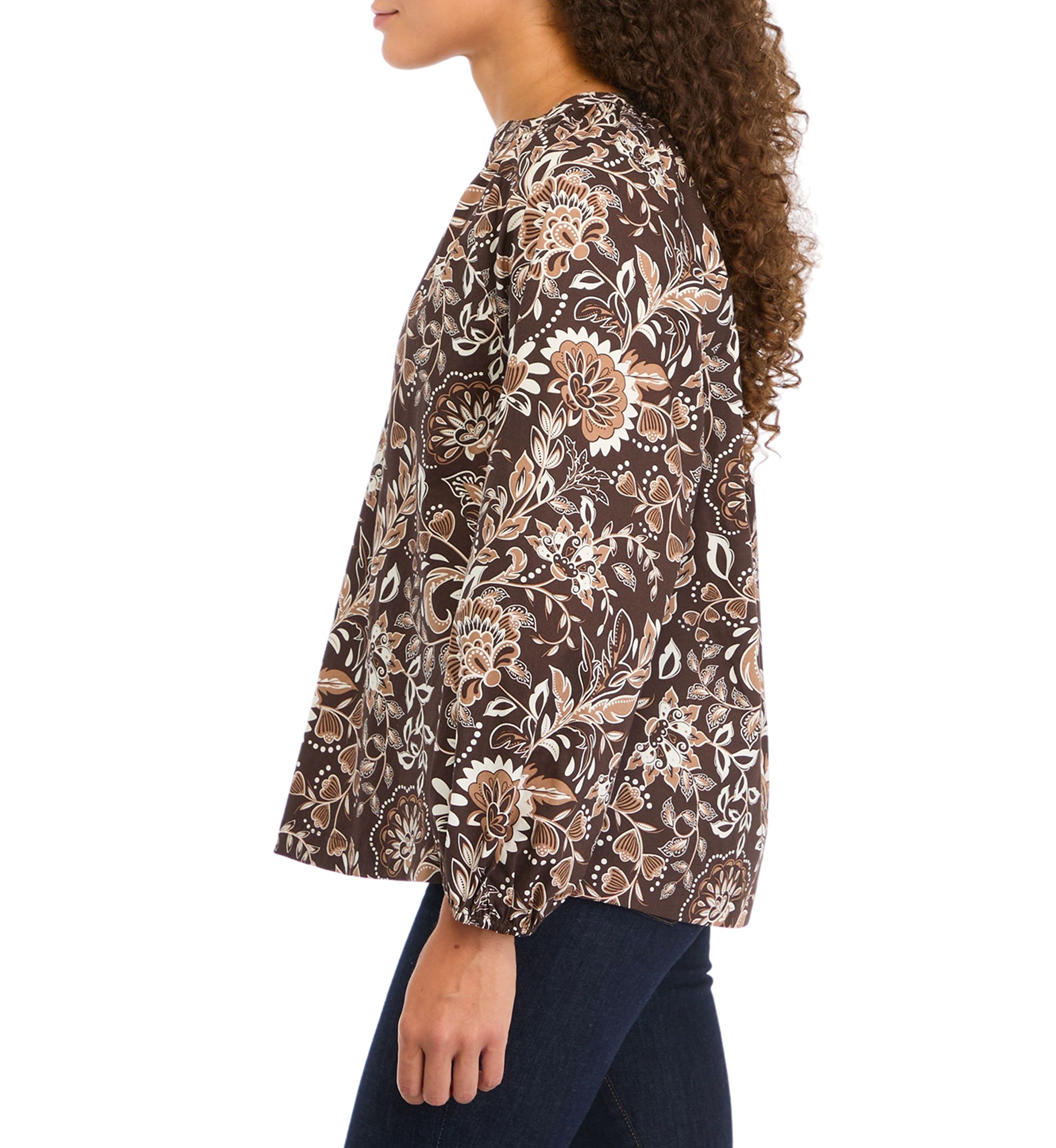 Petite Long Sleeve Split Neck Printed Peasant Top