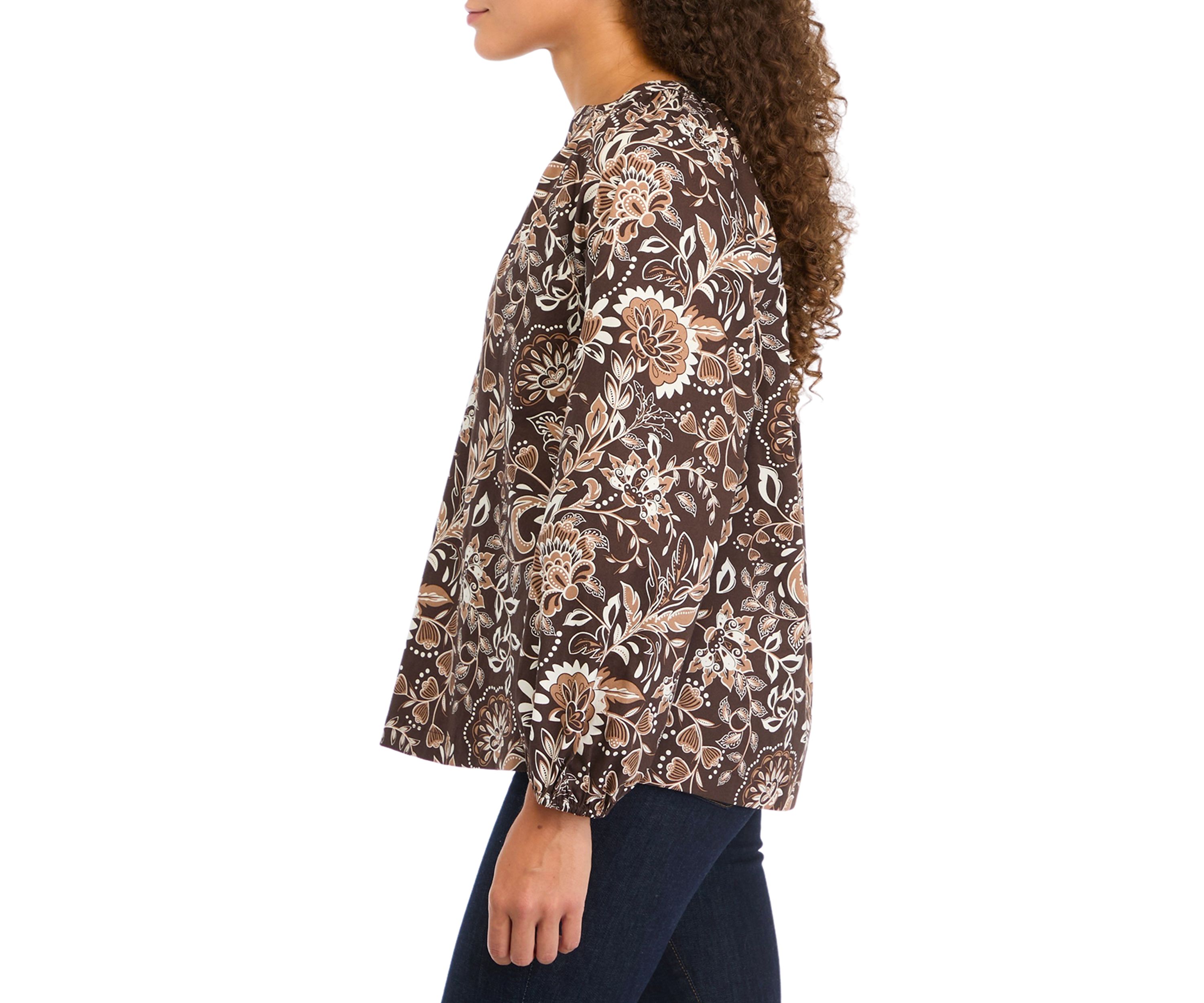 Petite Long Sleeve Split Neck Printed Peasant Top
