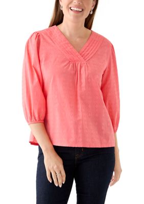 Kim Rogers Women's Petite 3/4 V-Neck Solid Textured Top, Coral, PS