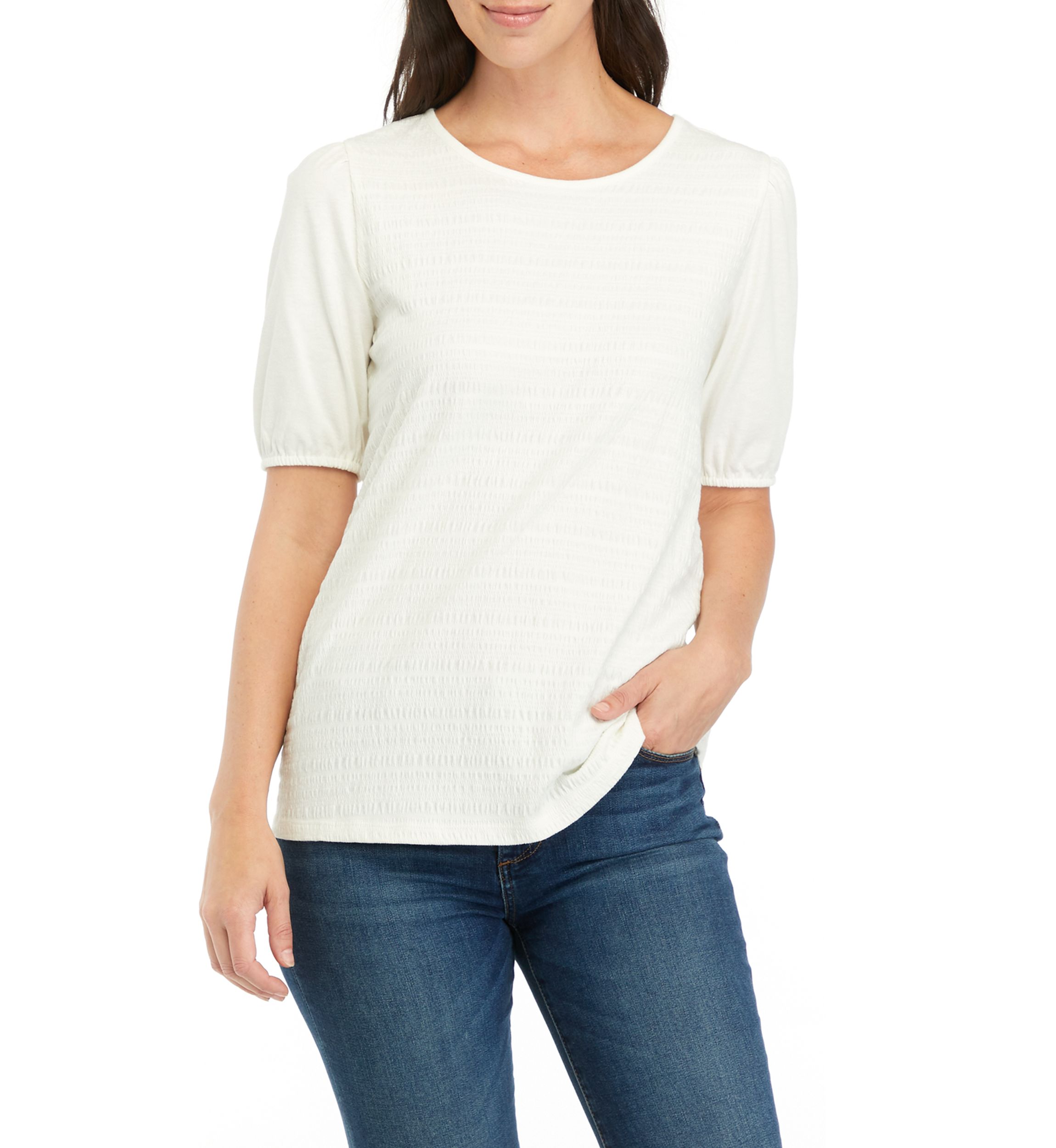 Womens Solid Smocked Knit Top
