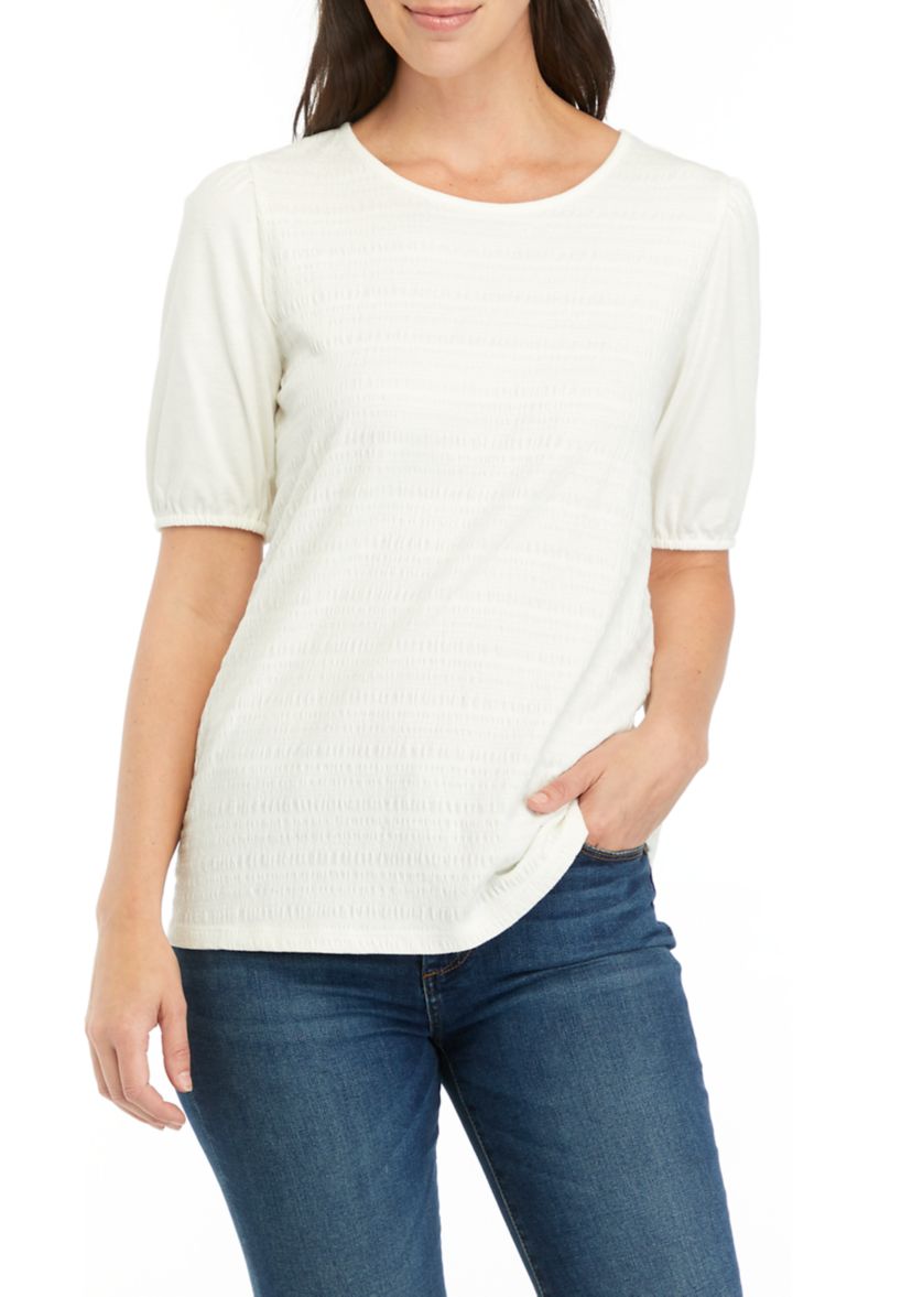 Womens Solid Smocked Knit Top