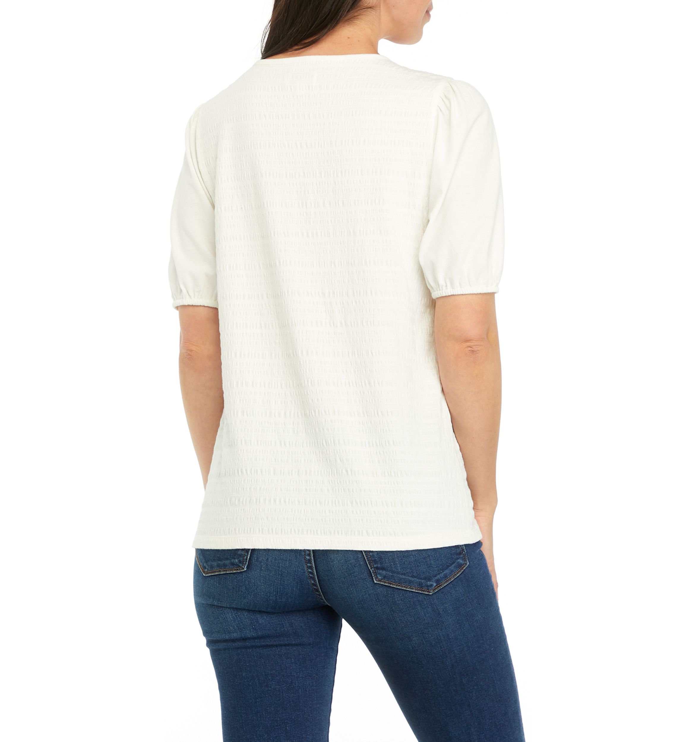 Womens Solid Smocked Knit Top